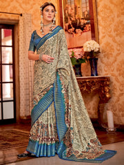 Women's Manipuri  Cream Printed Designer Saree With Blouse Piece-MORPNKH108