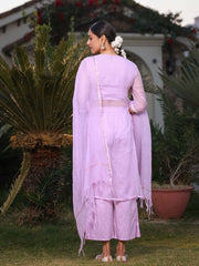 Lilac Floral Printed pure Cotton Kurta Palazzos & Kota Doria Dupatta With Beads Work-S4384LILAC
