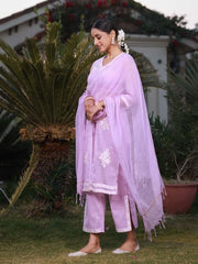 Lilac Floral Printed pure Cotton Kurta Palazzos & Kota Doria Dupatta With Beads Work-S4384LILAC