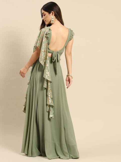 Pista Green Flared Skirt & Crop Top - Designer Lehenga Choli