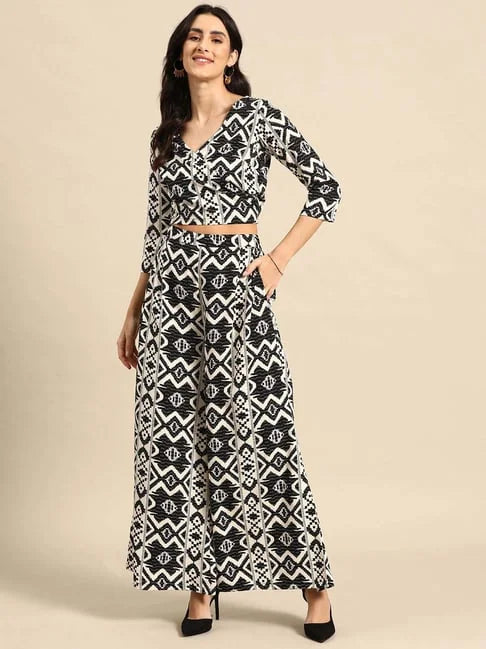 Black & Cream Ikkat Print Overlap Crop Top & Flare Pants