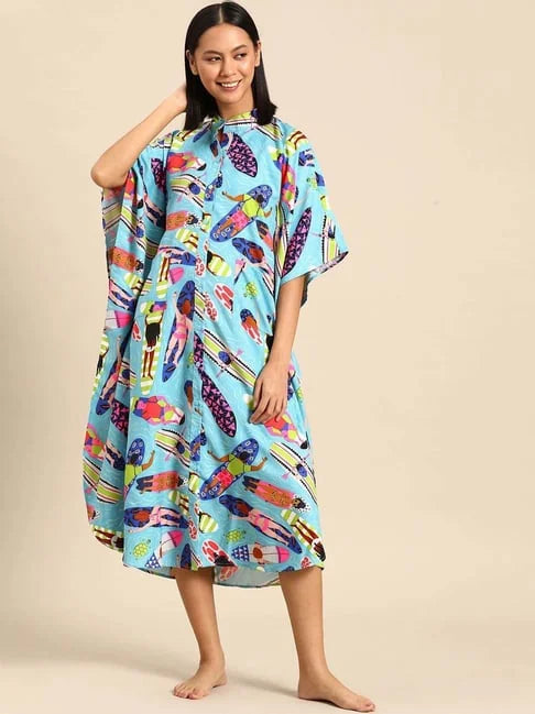 Aqua Blue Printed Kaftan - Women's Resort Wear Kaftan Dresses