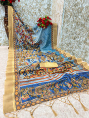 Mysore Silk Digital Print Sky Blue Saree With Unstiched Blouse Piece-MPHMS-01-SKY