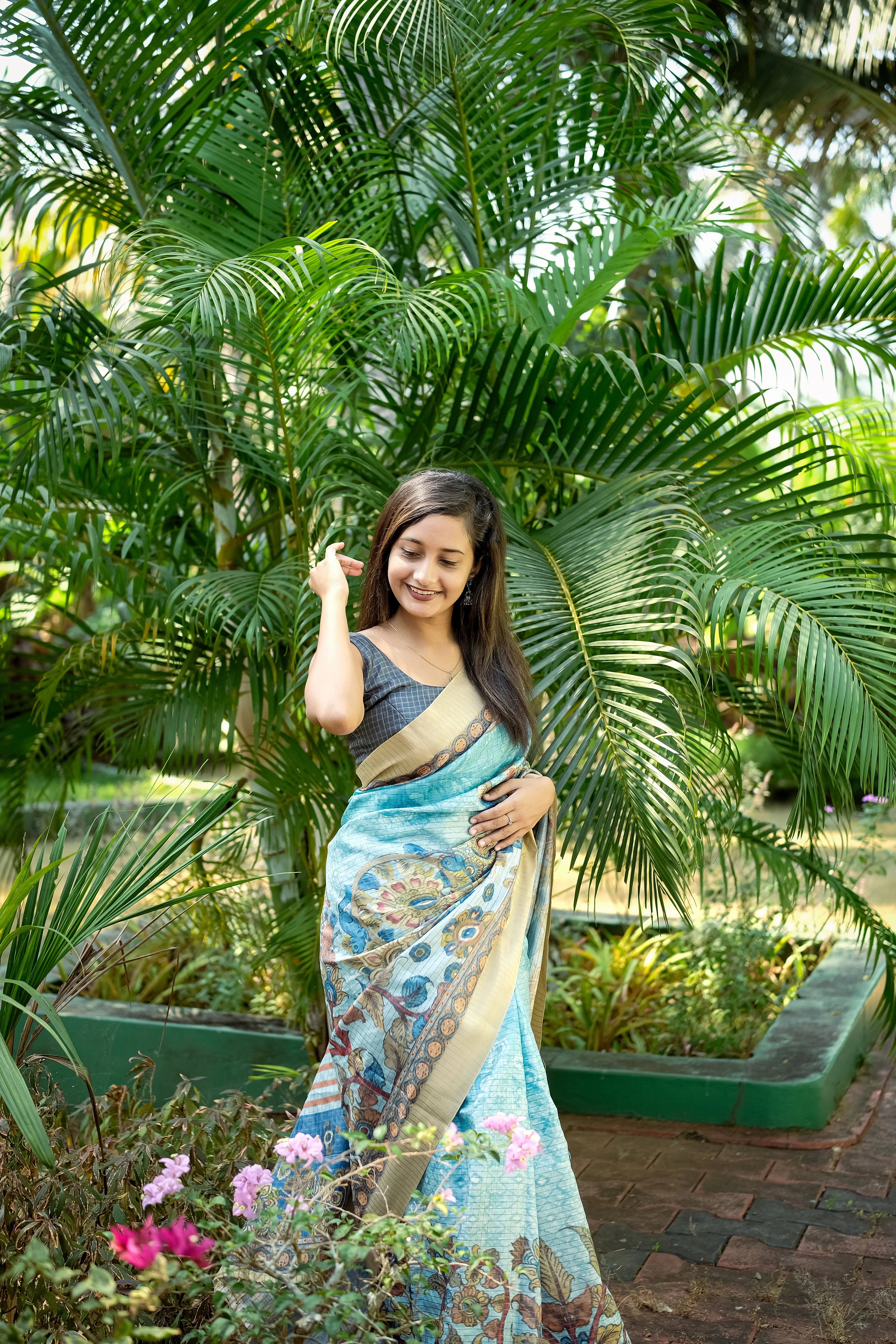 Mysore Silk Digital Print Sky Blue Saree With Unstiched Blouse Piece