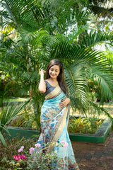 Mysore Silk Digital Print Sky Blue Saree With Unstiched Blouse Piece-MPHMS-01-SKY