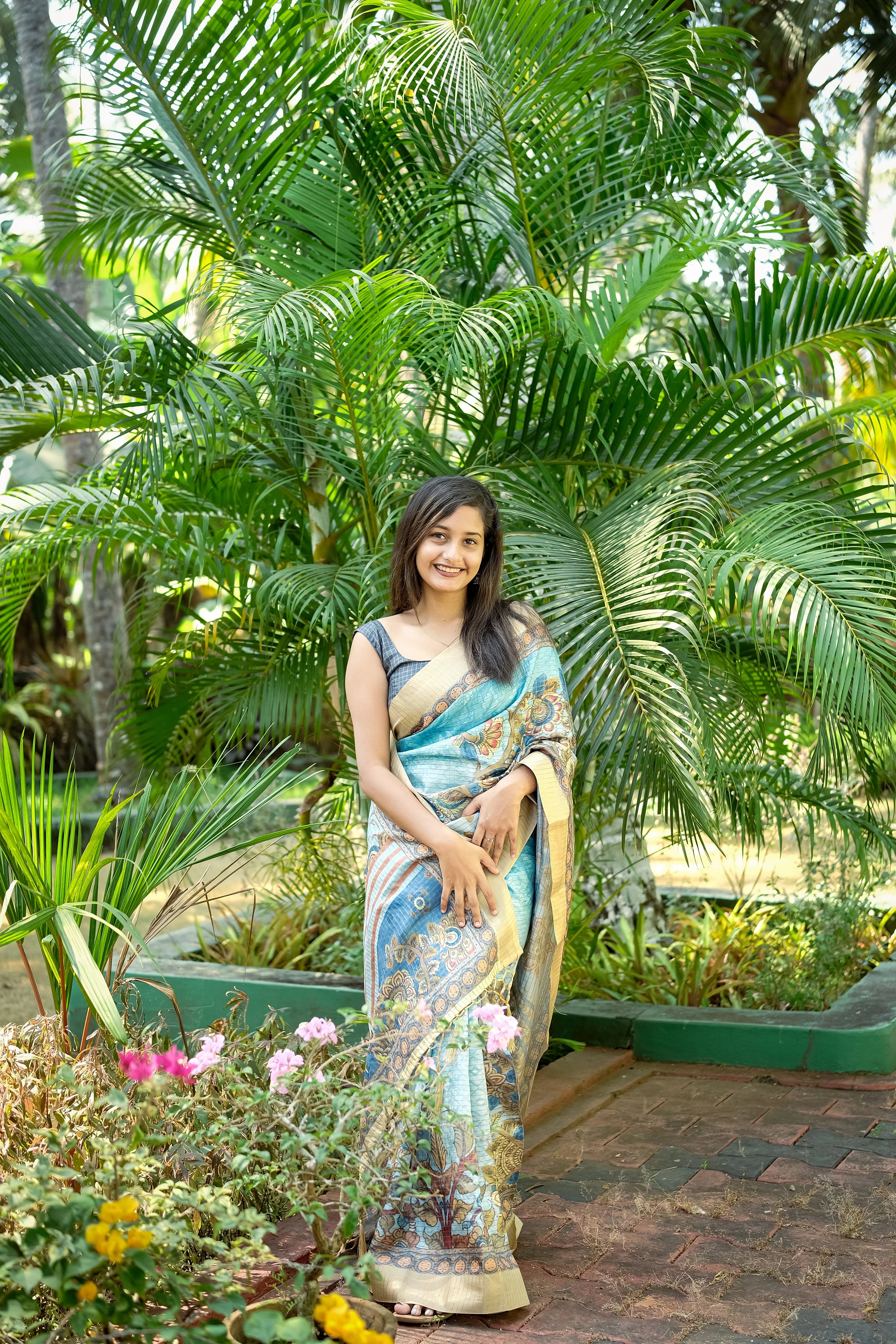 Mysore Silk Digital Print Sky Blue Saree With Unstiched Blouse Piece