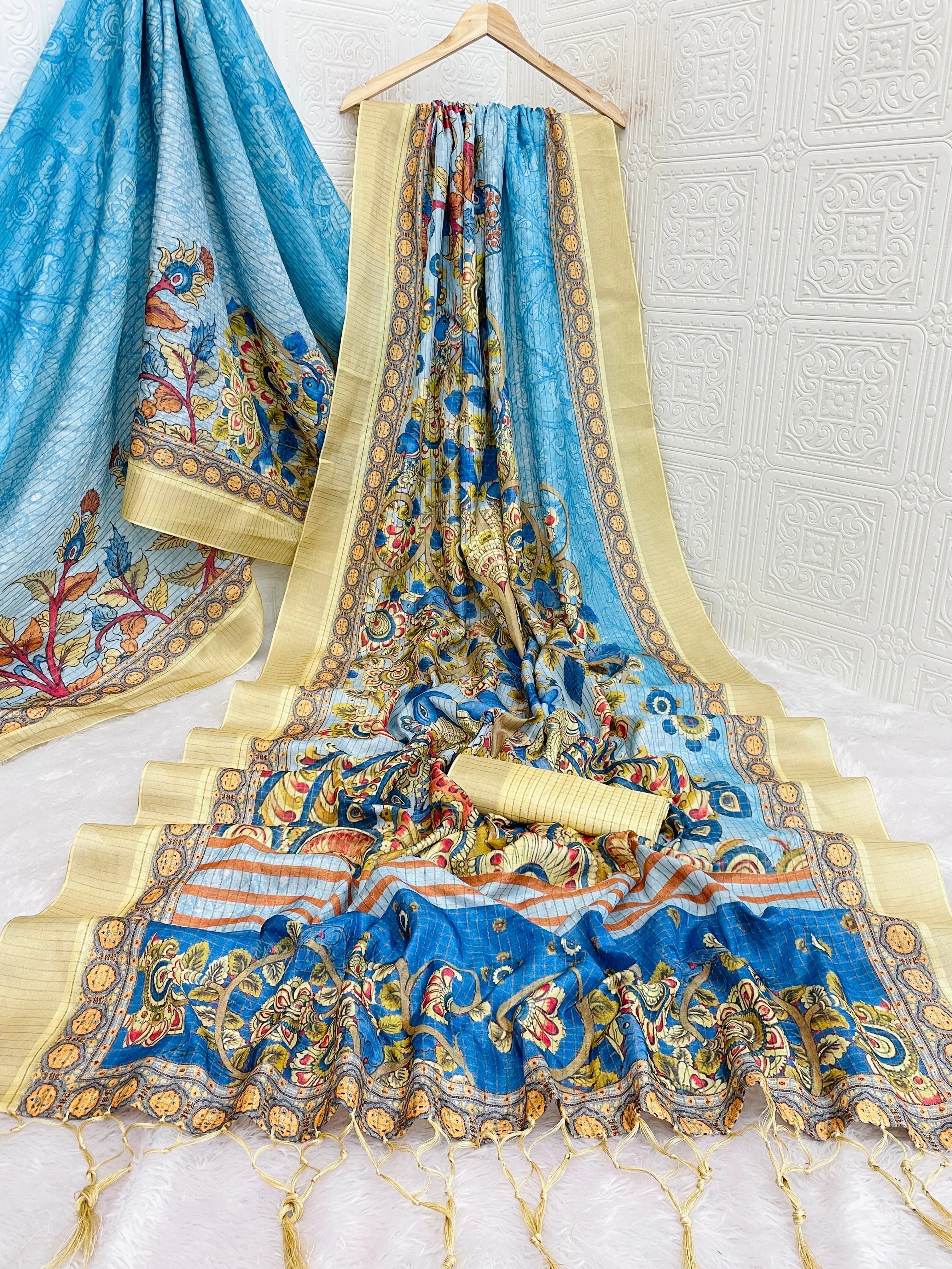 Mysore Silk Digital Print Sky Blue Saree With Unstiched Blouse Piece