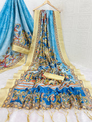 Mysore Silk Digital Print Sky Blue Saree With Unstiched Blouse Piece-MPHMS-01-SKY