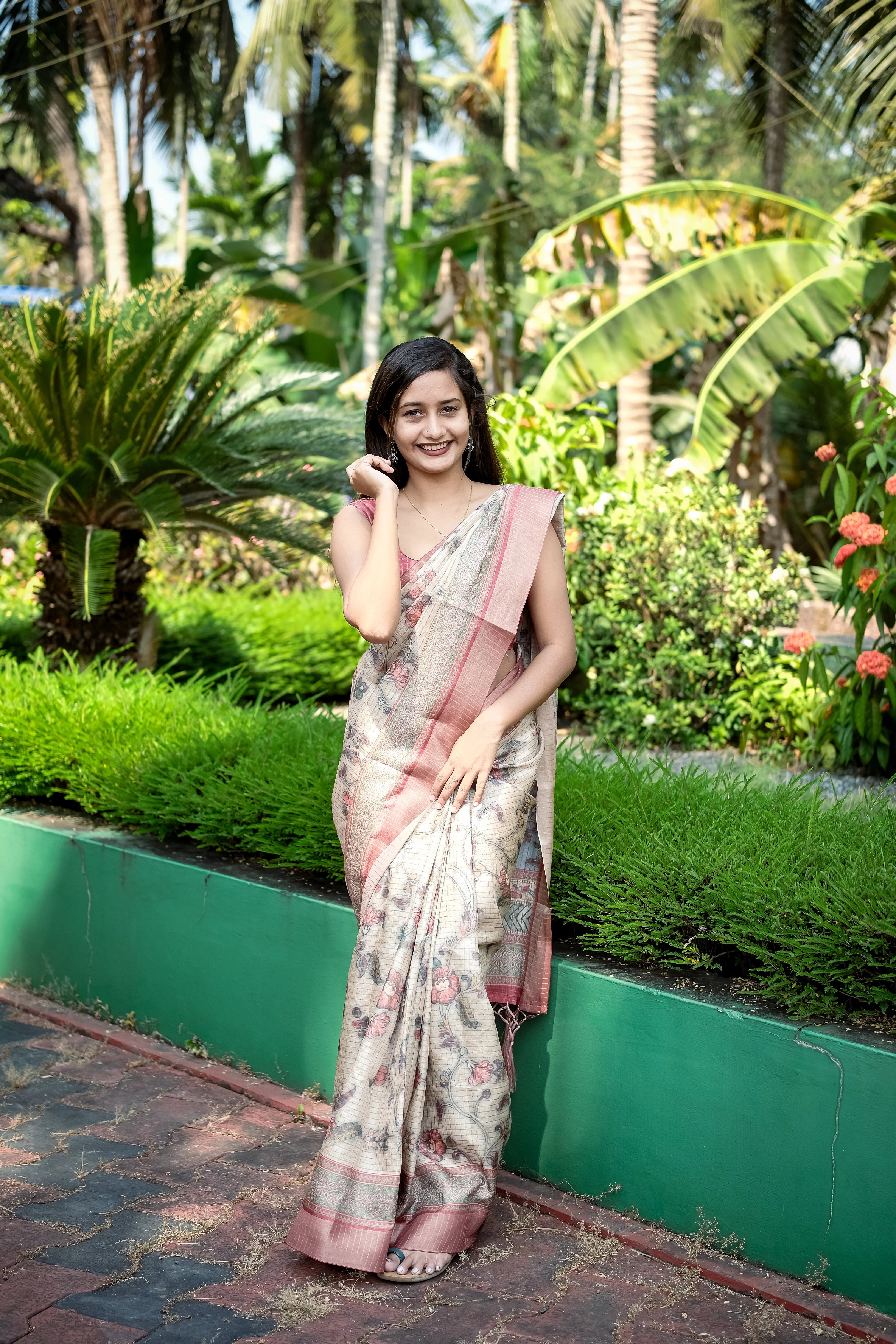 Mysore Silk Digital Print Cream Saree With Unstiched Blouse Piece