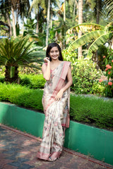 Mysore Silk Digital Print Cream Saree With Unstiched Blouse Piece-MPHMS-02-CREAM