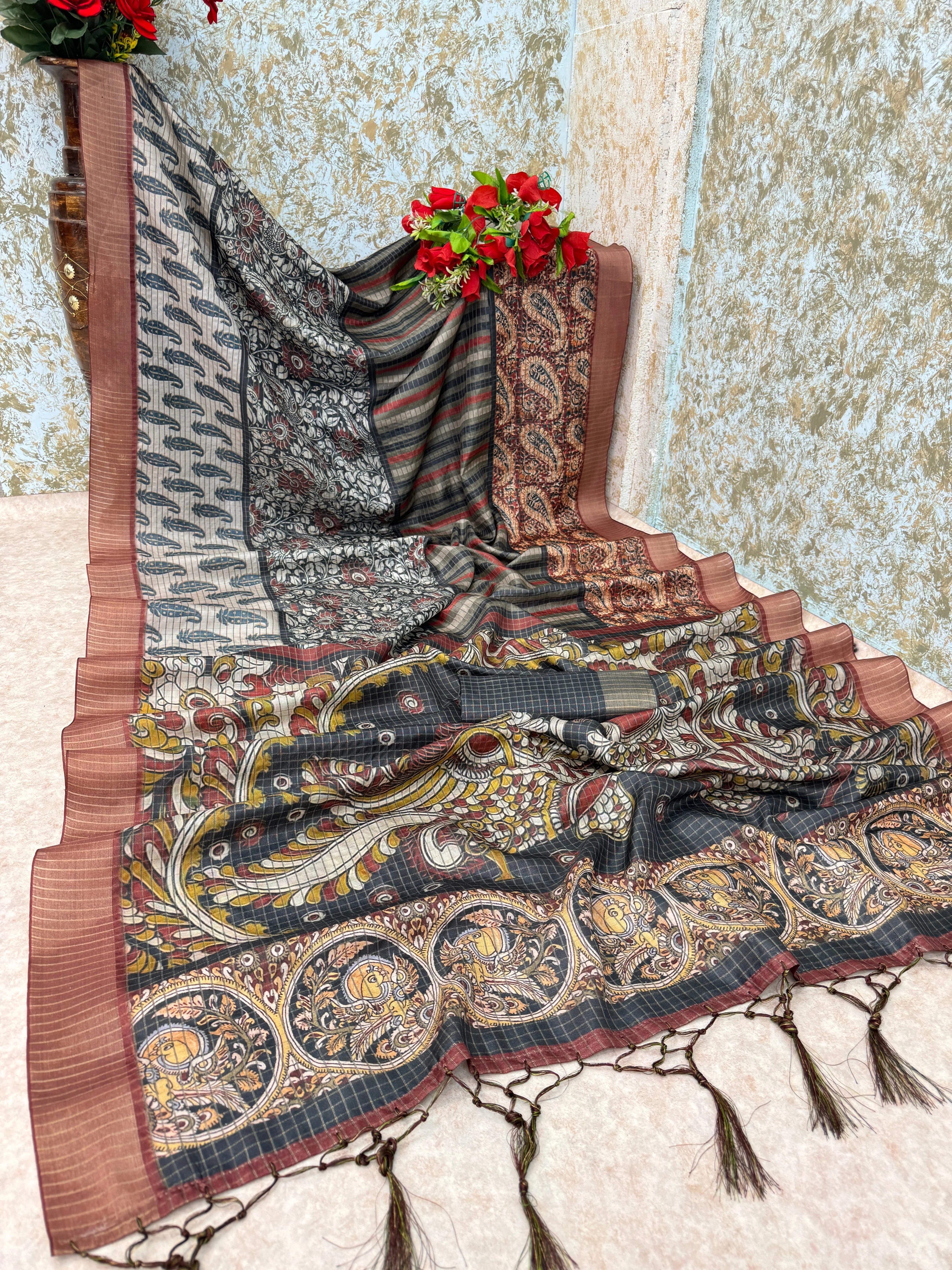 Mysore Silk Digital Print MultiColour Saree With Unstiched Blouse Piece