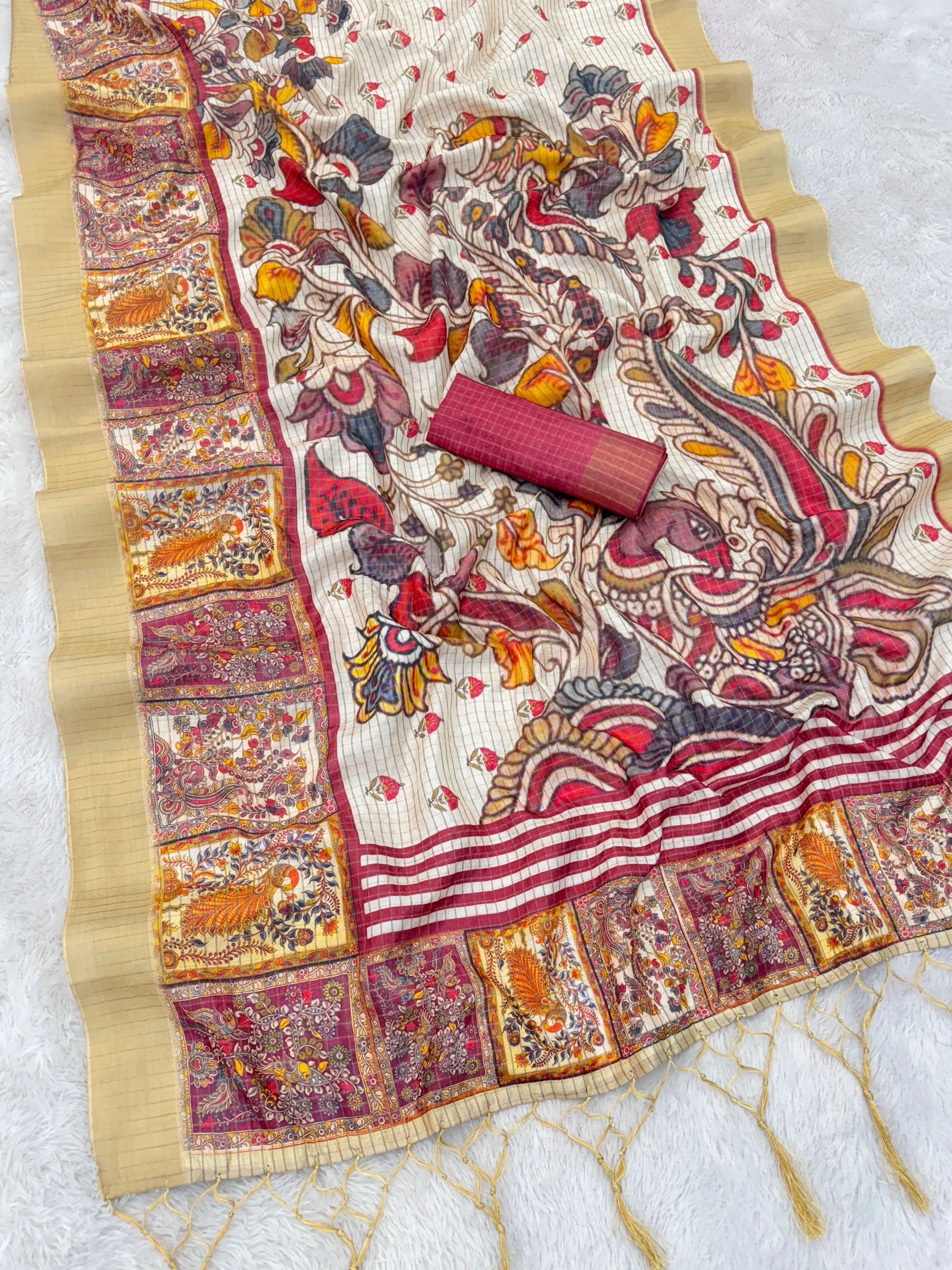 Mysore Silk Digital Print Cream Saree With Unstiched Blouse Piece