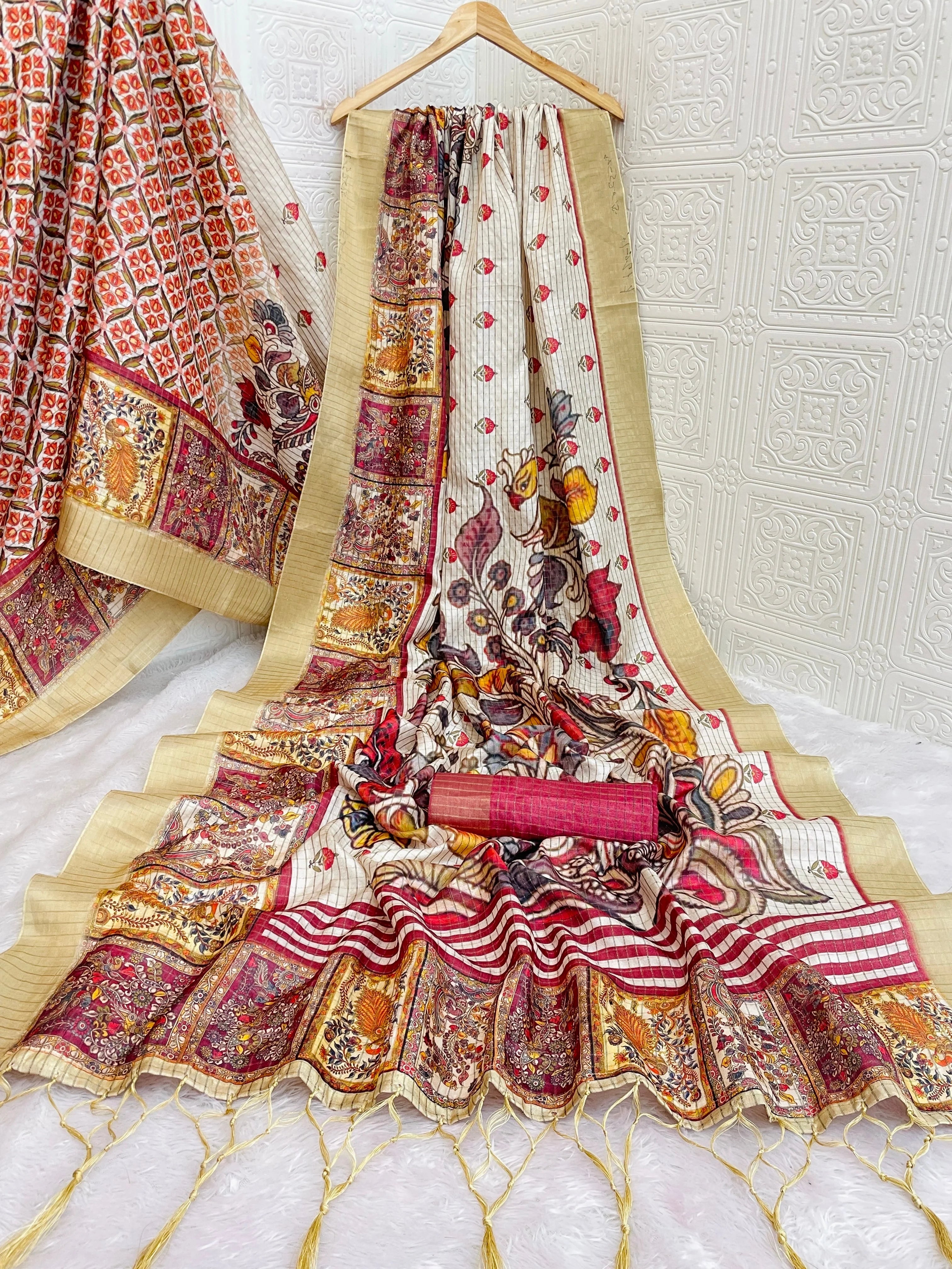 Mysore Silk Digital Print Cream Saree With Unstiched Blouse Piece