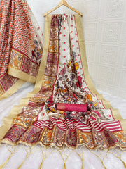 Mysore Silk Digital Print Cream Saree With Unstiched Blouse Piece-MPHMS-04-CREAM