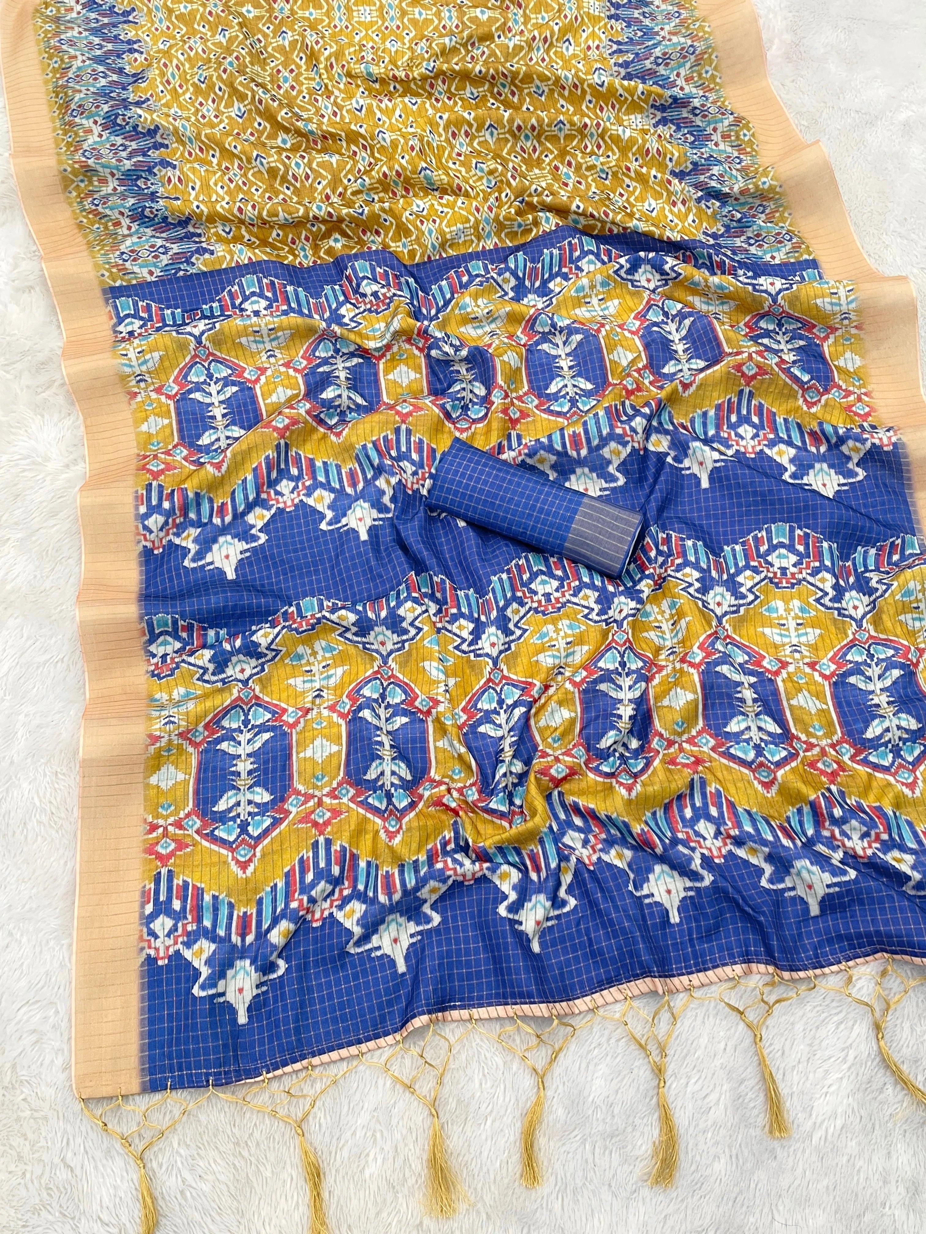 Mysore Silk Digital Print Mustard Saree With Unstiched Blouse Piece