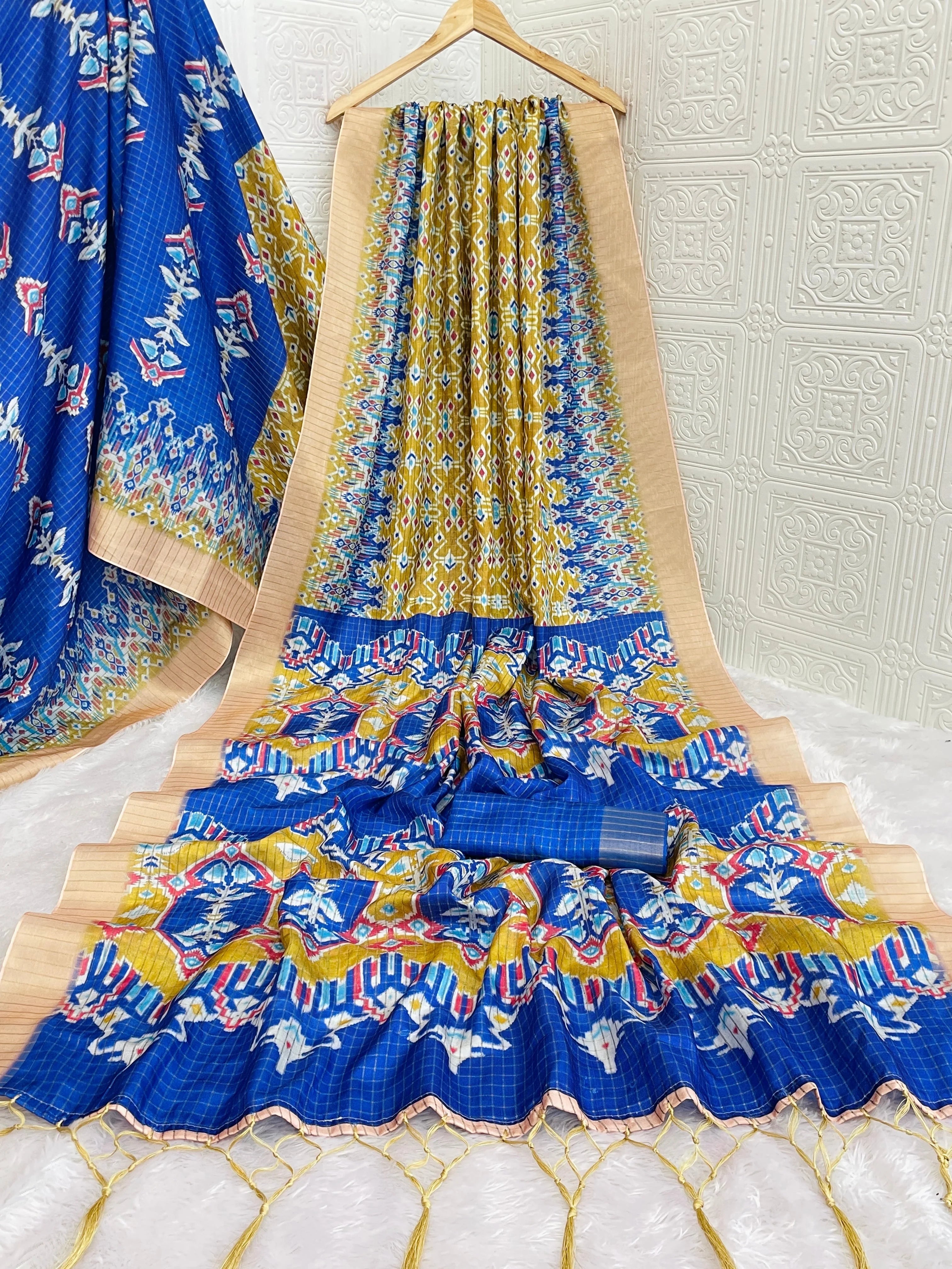Mysore Silk Digital Print Mustard Saree With Unstiched Blouse Piece