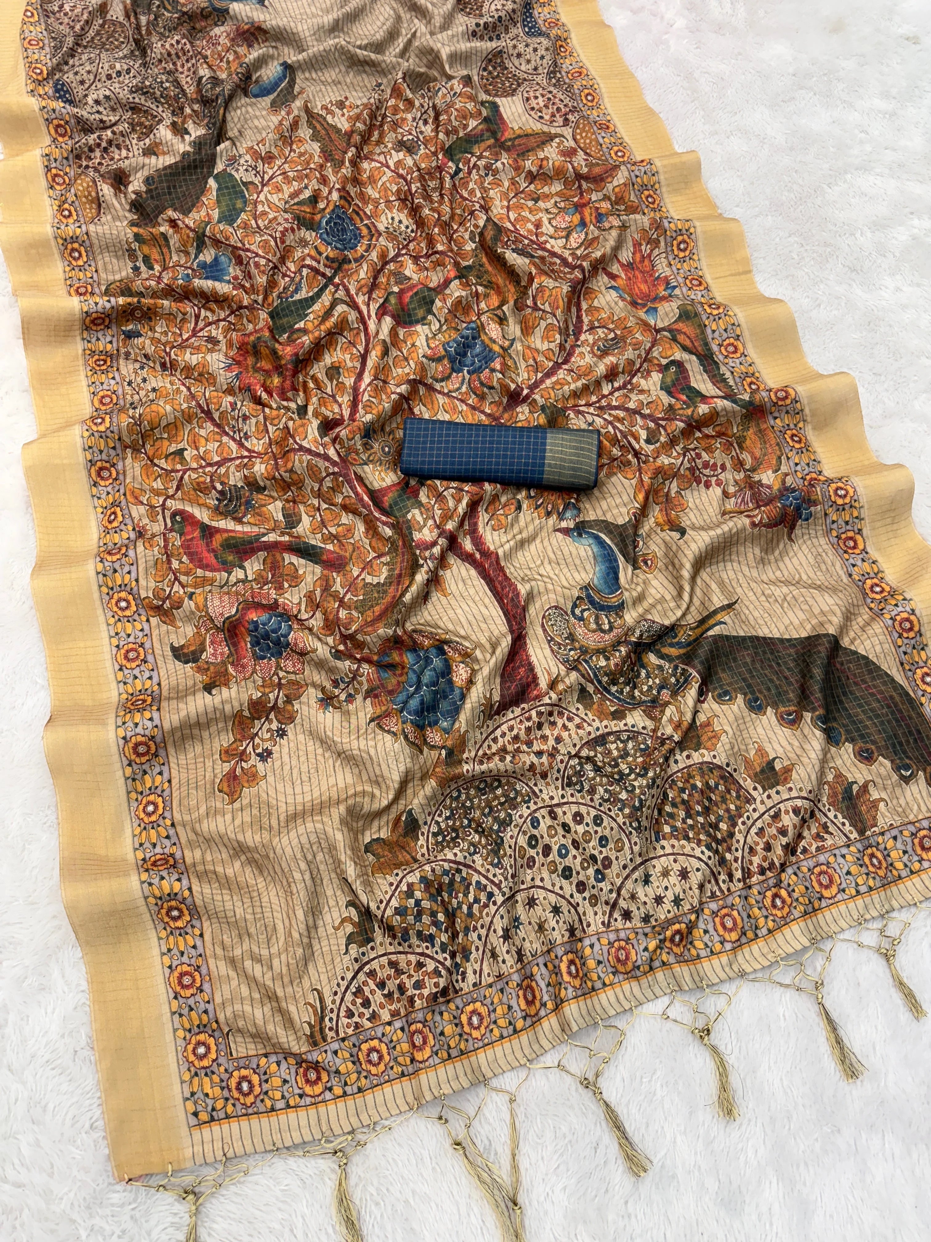Mysore Silk Digital Print Beige Saree With Unstiched Blouse Piece