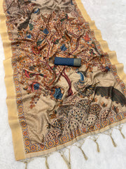 Mysore Silk Digital Print Beige Saree With Unstiched Blouse Piece-MPHMS-07-BEIGE