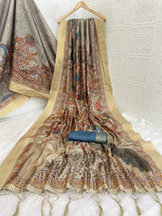 Mysore Silk Digital Print Beige Saree With Unstiched Blouse Piece-MPHMS-07-BEIGE
