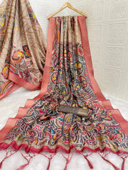 Mysore Silk Digital Print Beige Saree With Unstiched Blouse Piece-MPHMS-09-BEIGE