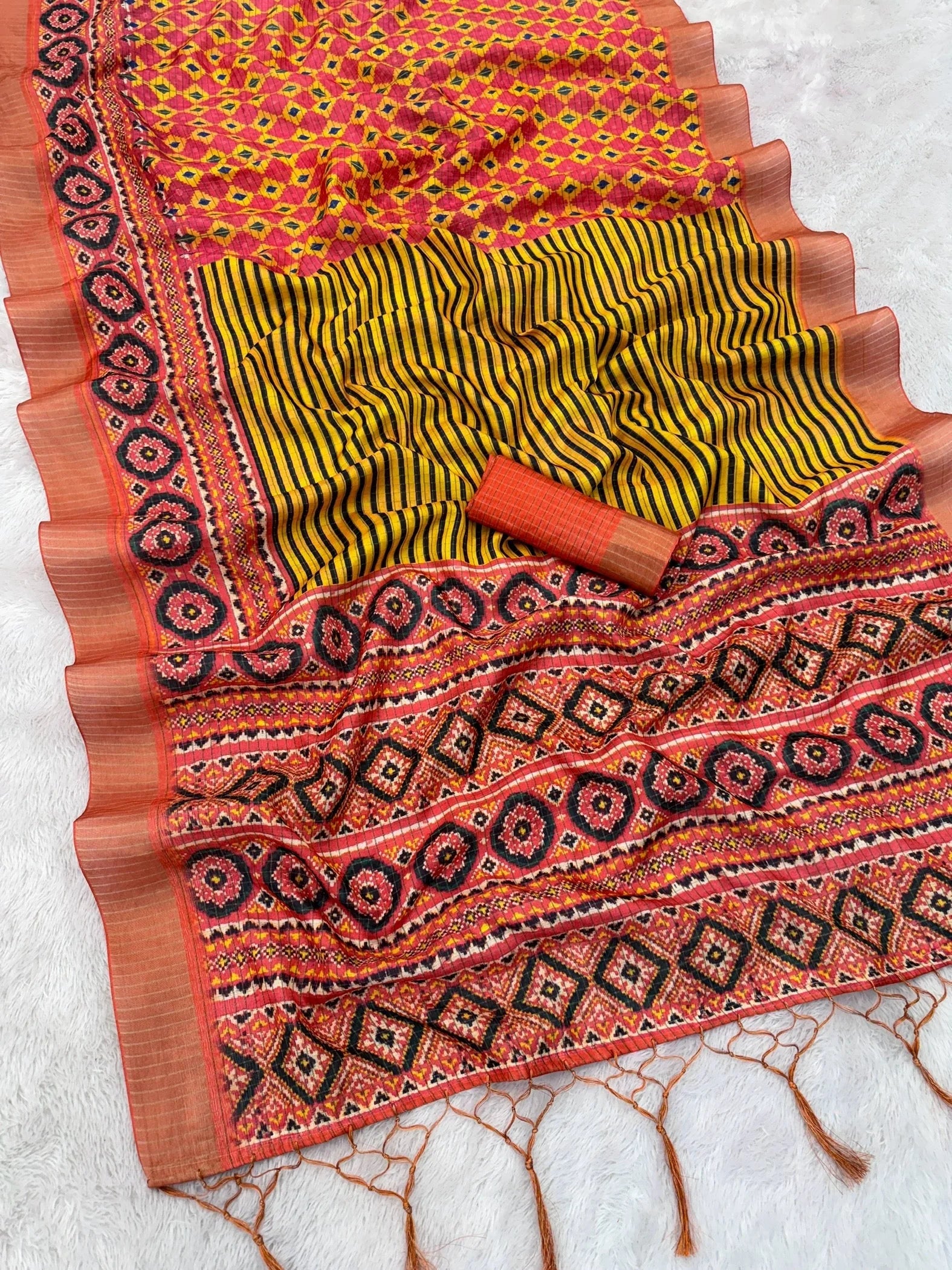 Mysore Silk Digital Print Orange Saree With Unstiched Blouse Piece