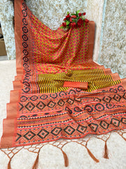 Mysore Silk Digital Print Orange Saree With Unstiched Blouse Piece-MPHMS-10-ORANGE