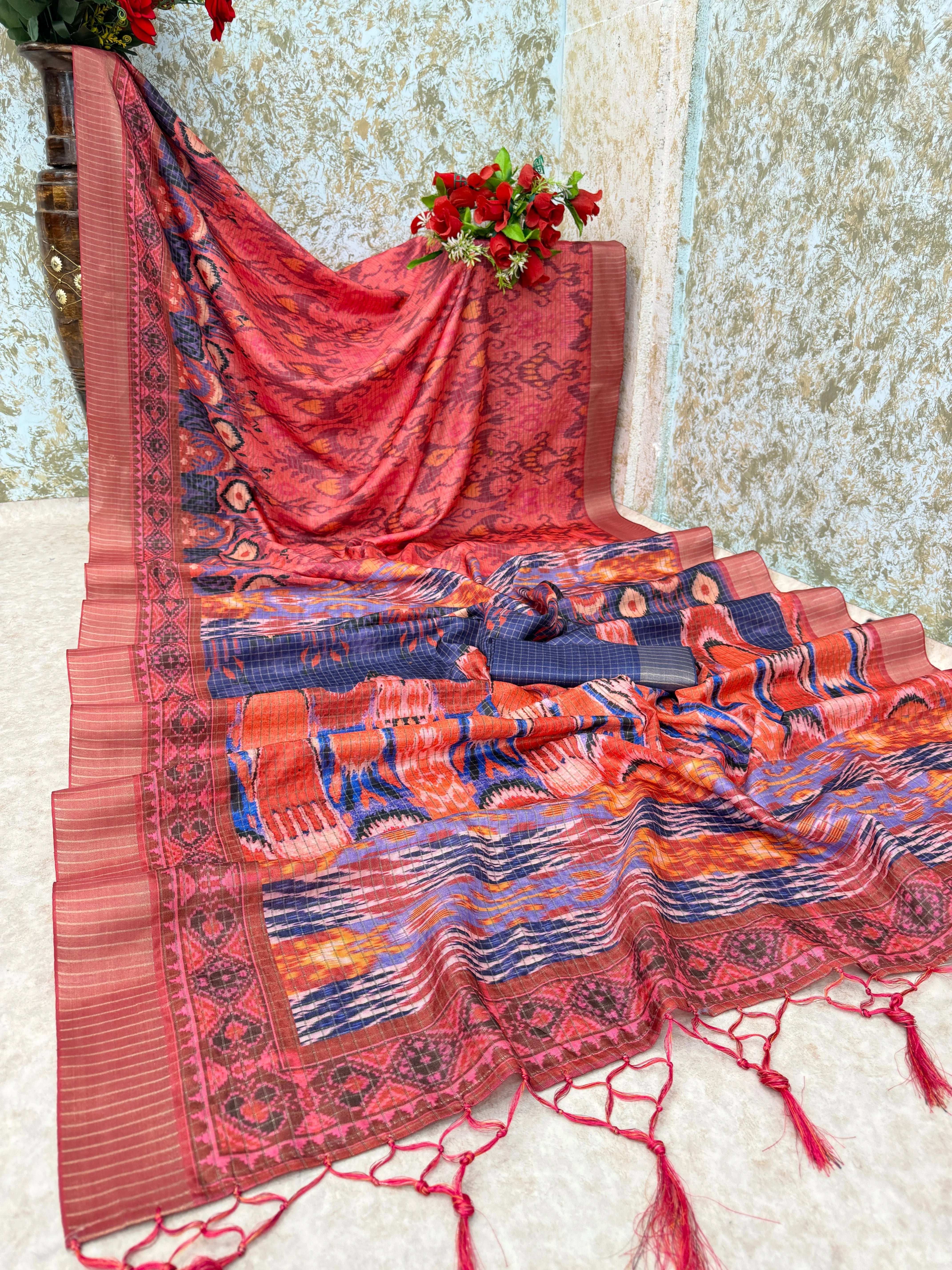 Mysore Silk Digital Print Pink Saree With Unstiched Blouse Piece