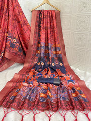 Mysore Silk Digital Print Pink Saree With Unstiched Blouse Piece-MPHMS-11-PINK