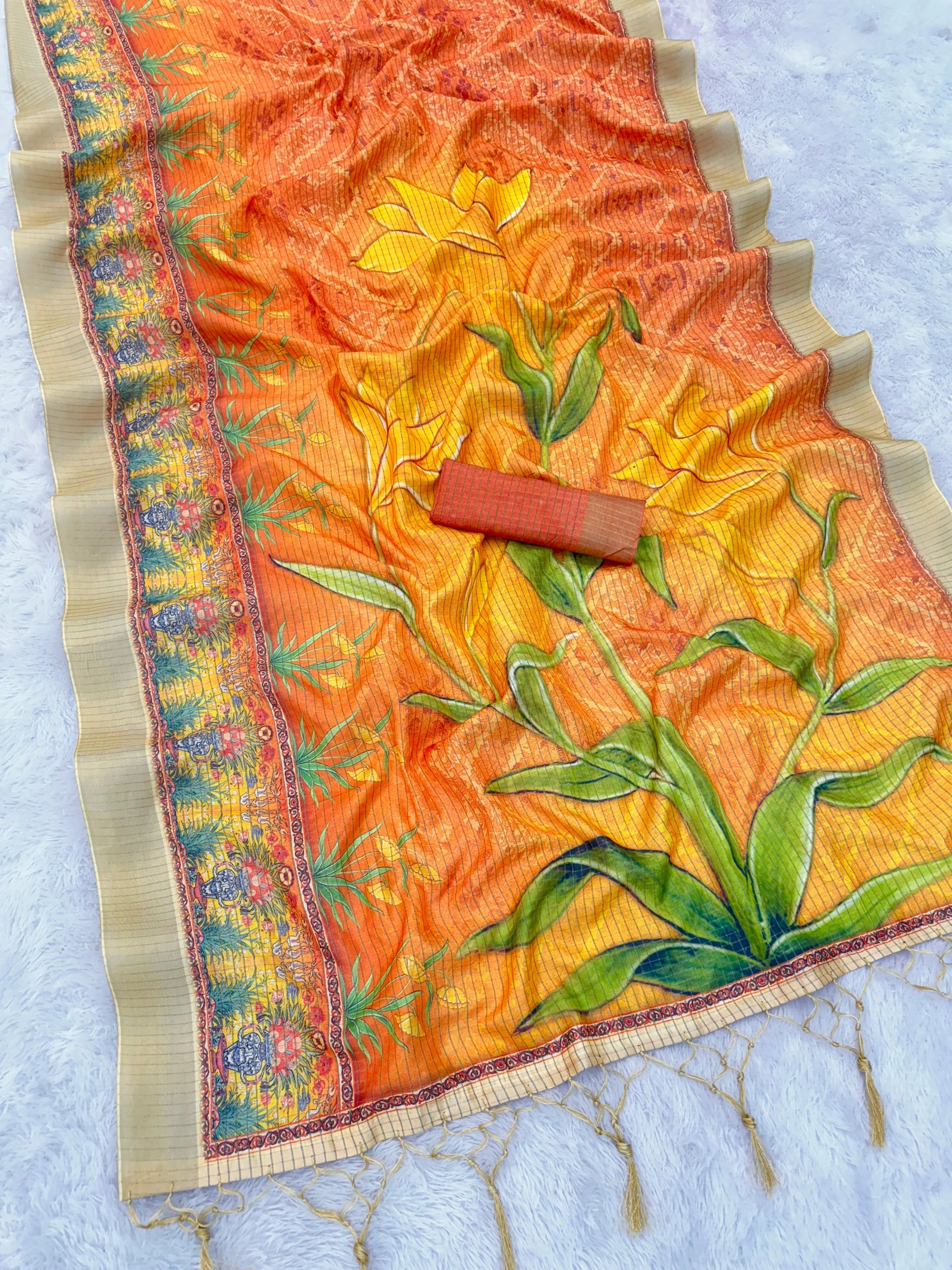 Mysore Silk Digital Print Orange Saree With Unstiched Blouse Piece