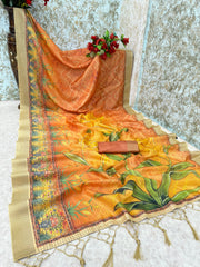 Mysore Silk Digital Print Orange Saree With Unstiched Blouse Piece-MPHMS-12-ORANGE