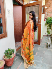 Mysore Silk Digital Print Orange Saree With Unstiched Blouse Piece-MPHMS-12-ORANGE