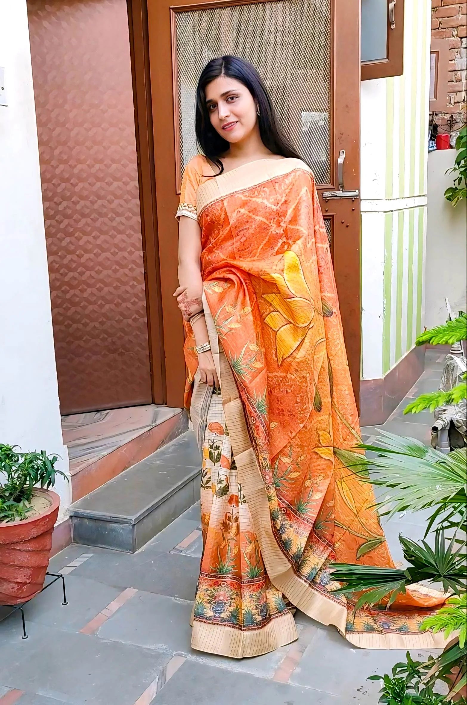 Mysore Silk Digital Print Orange Saree With Unstiched Blouse Piece
