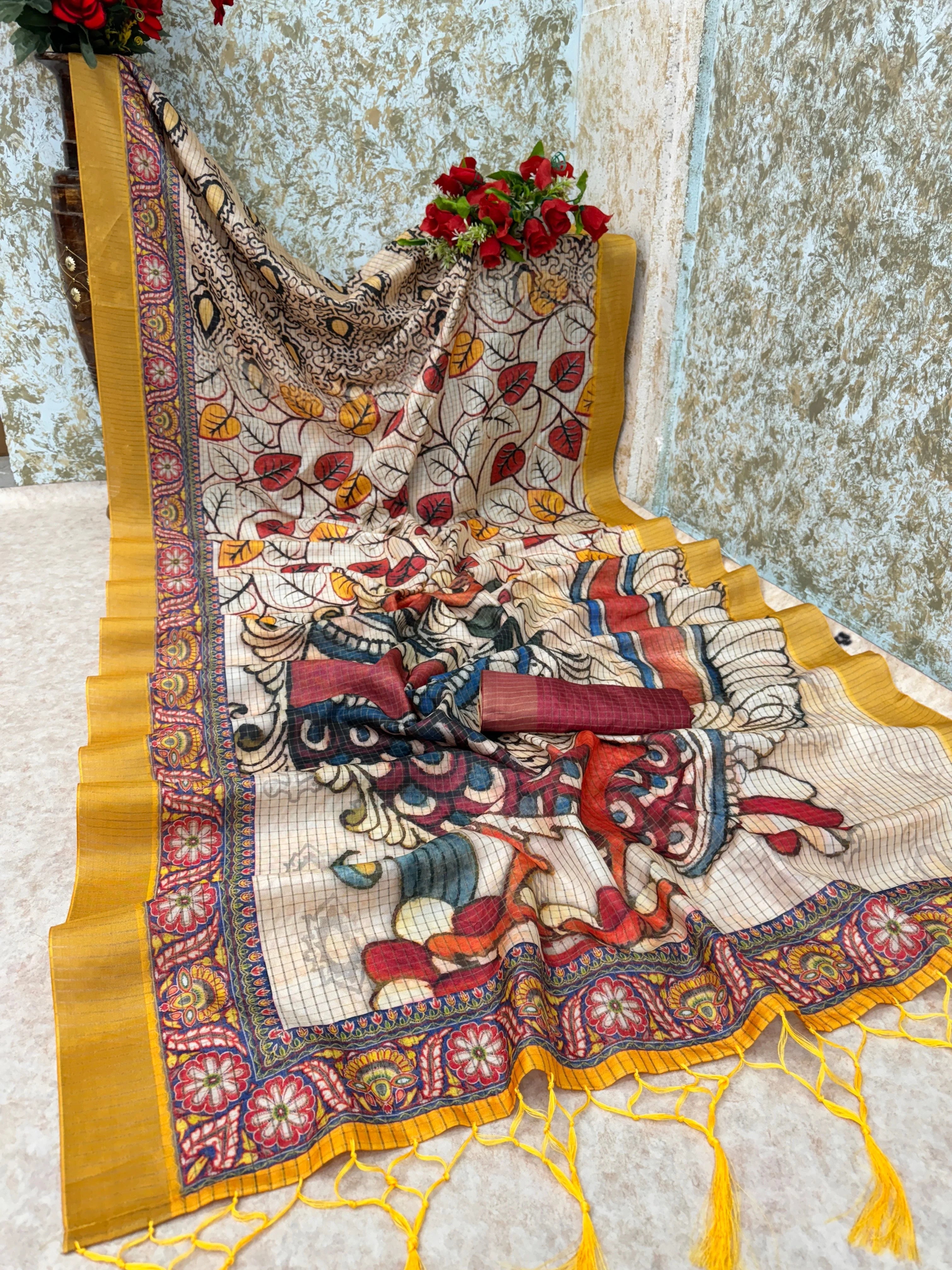 Mysore Silk Digital Print MultiColour Saree With Unstiched Blouse Piece