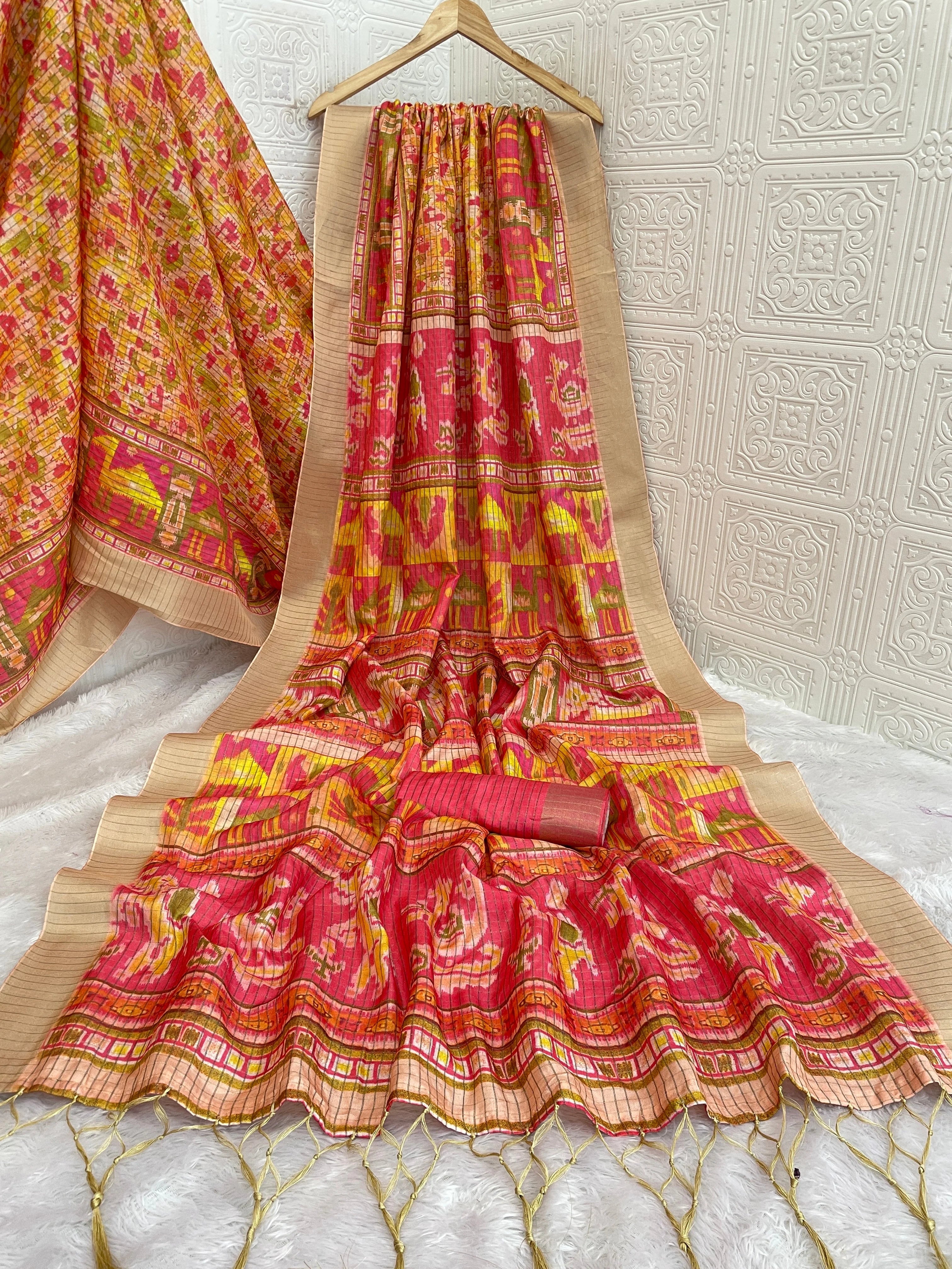 Mysore Silk Digital Print Orange Saree With Unstiched Blouse Piece