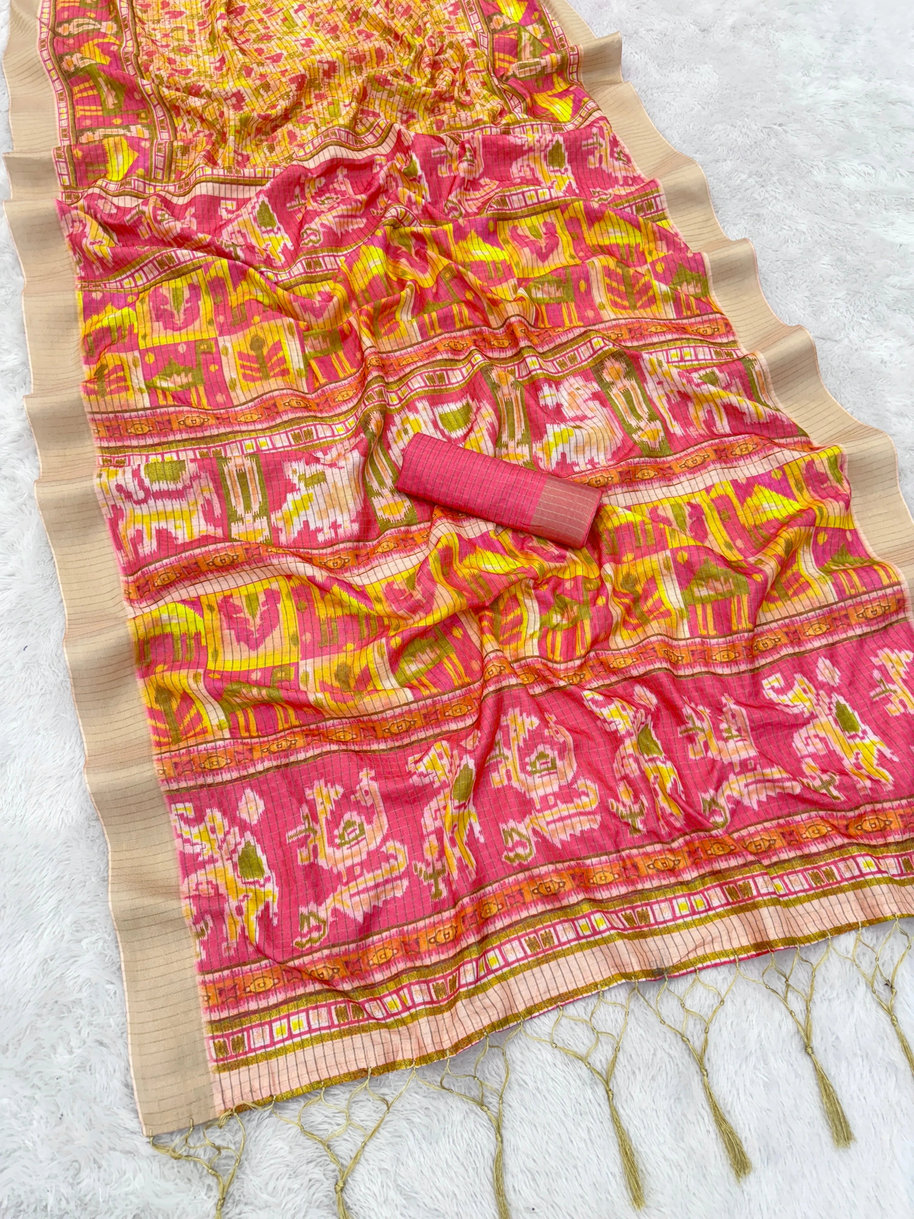 Mysore Silk Digital Print Orange Saree With Unstiched Blouse Piece