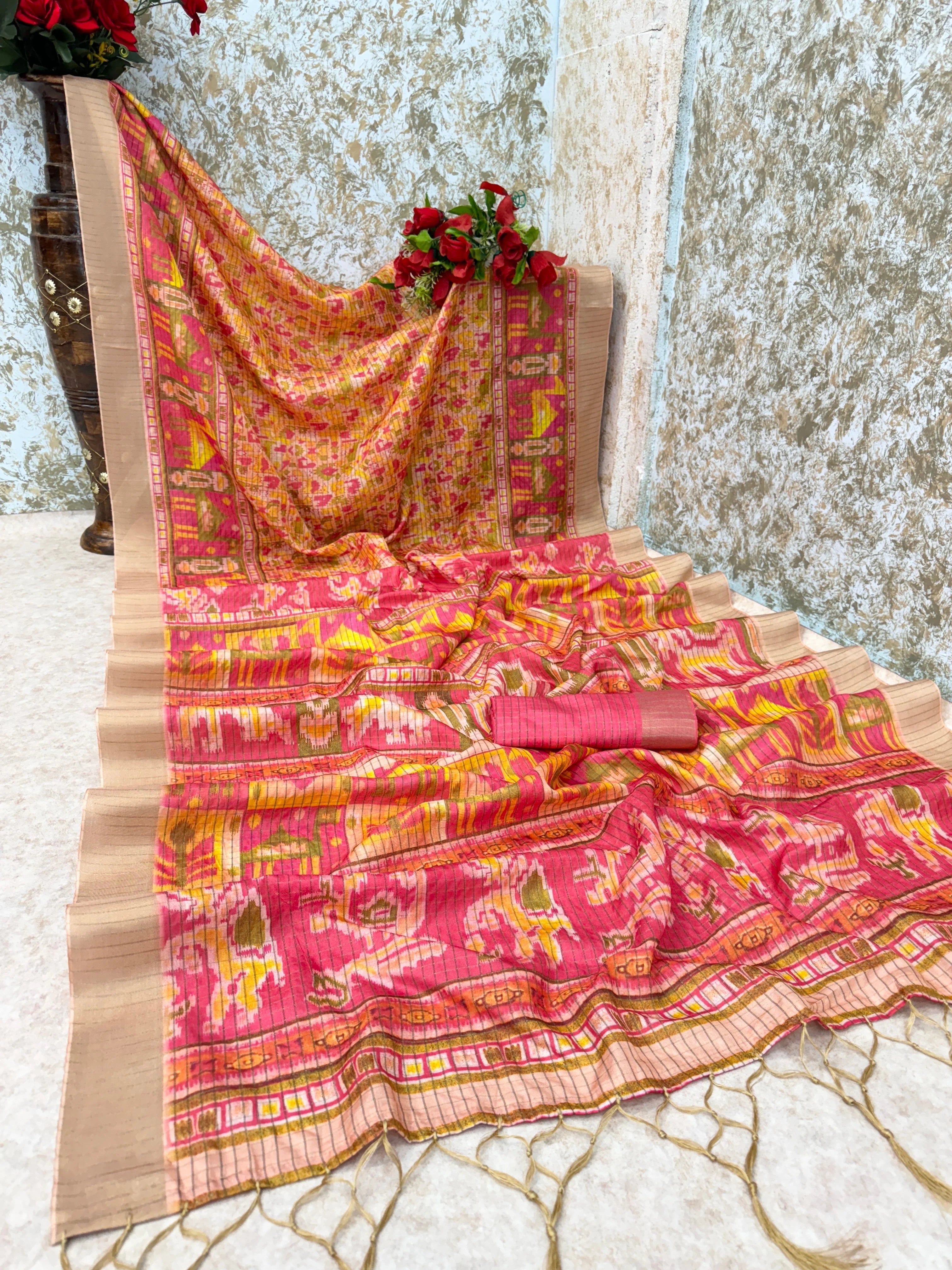 Mysore Silk Digital Print Orange Saree With Unstiched Blouse Piece