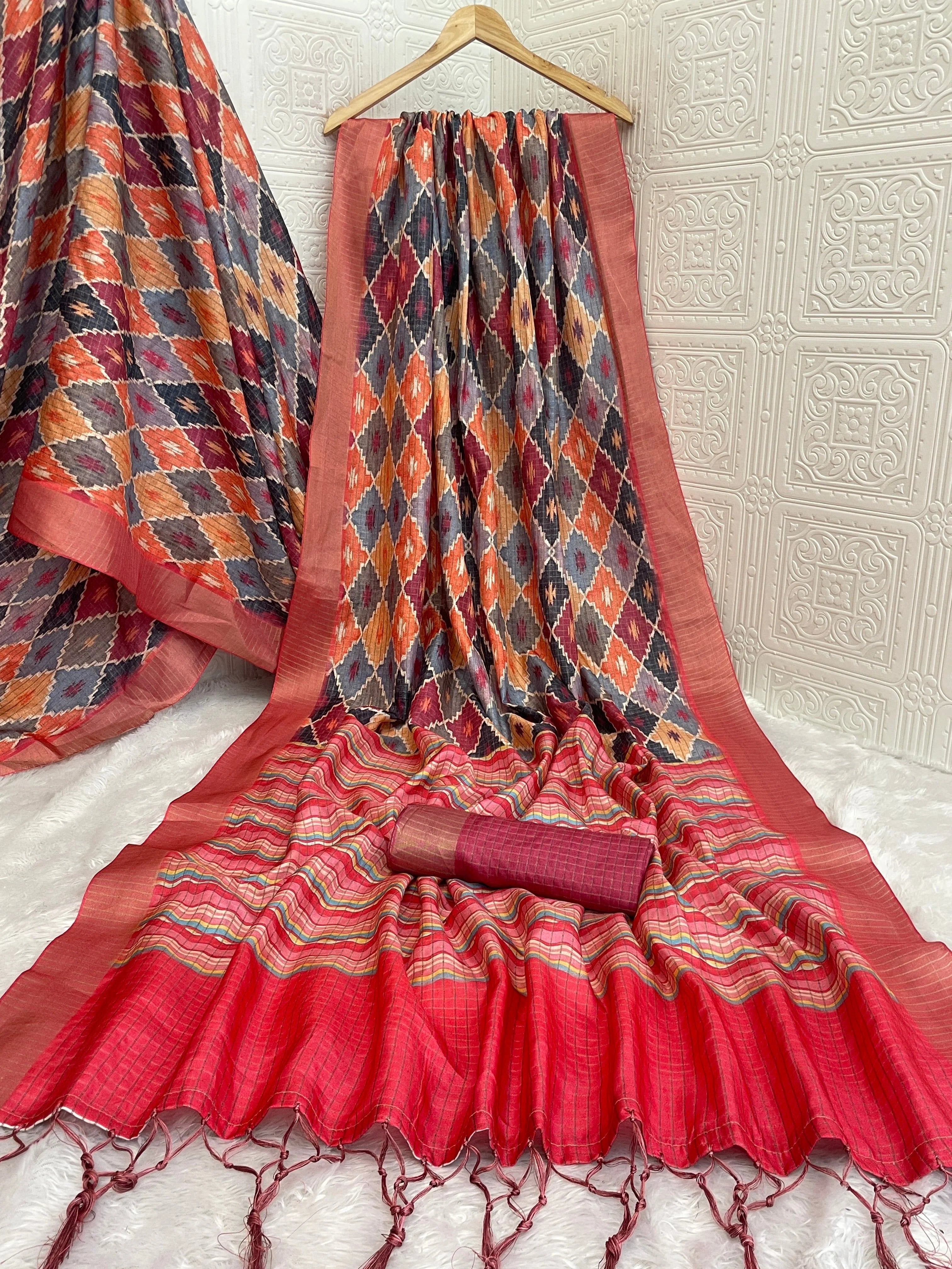 Mysore Silk Digital Print Pink Saree With Unstiched Blouse Piece