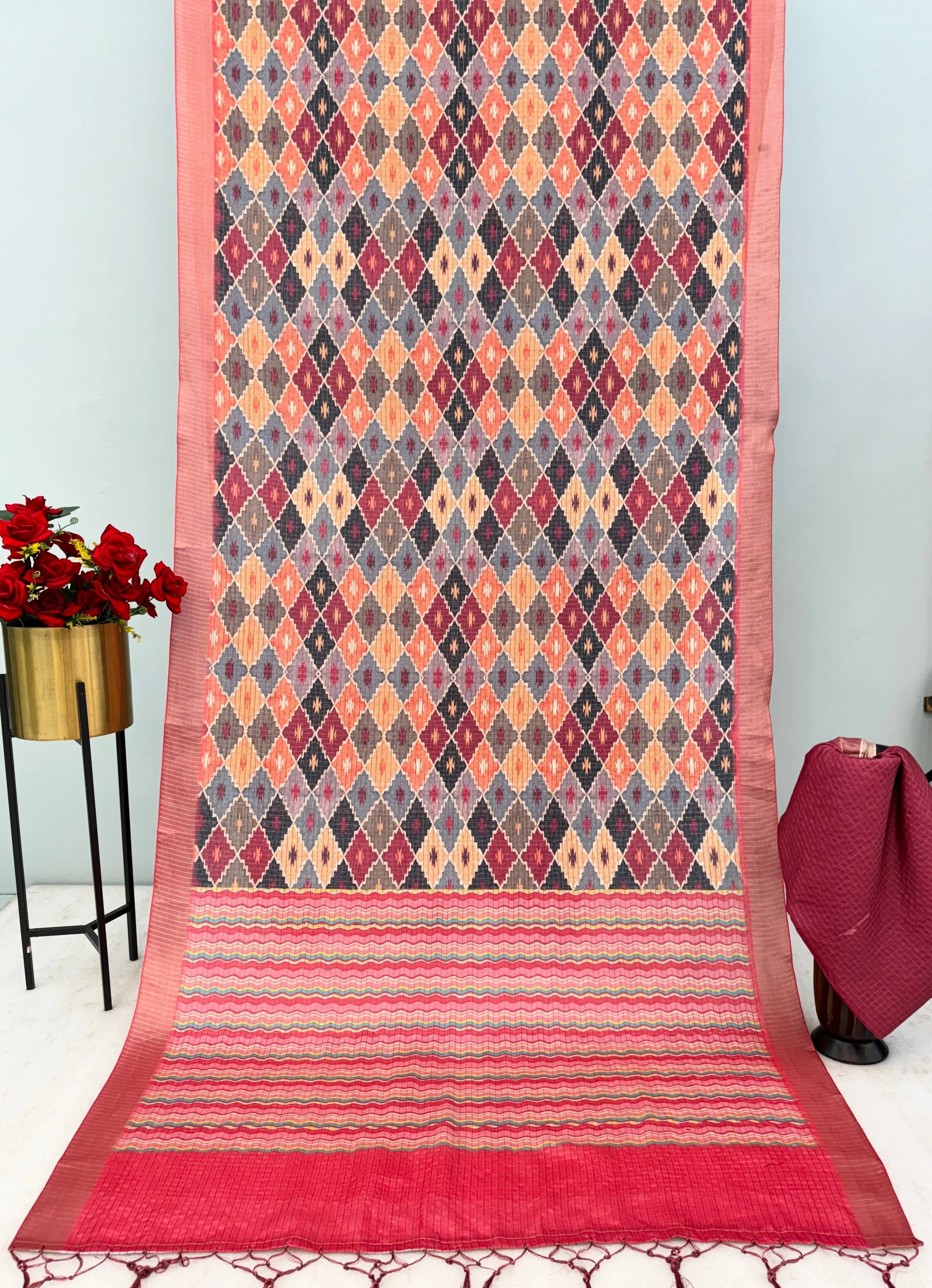 Mysore Silk Digital Print Pink Saree With Unstiched Blouse Piece