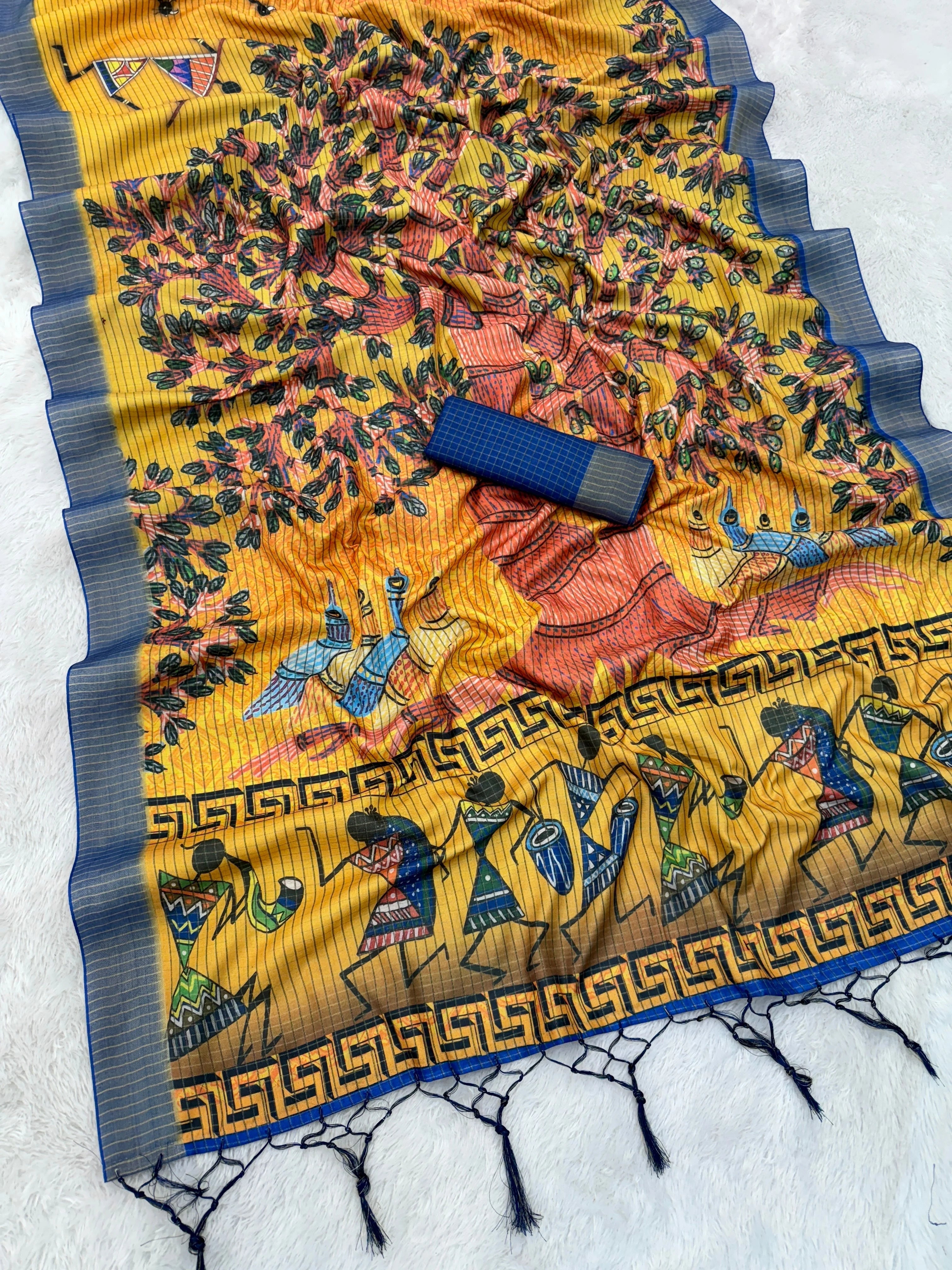 Mysore Silk Digital Print Yellow Saree With Unstiched Blouse Piece