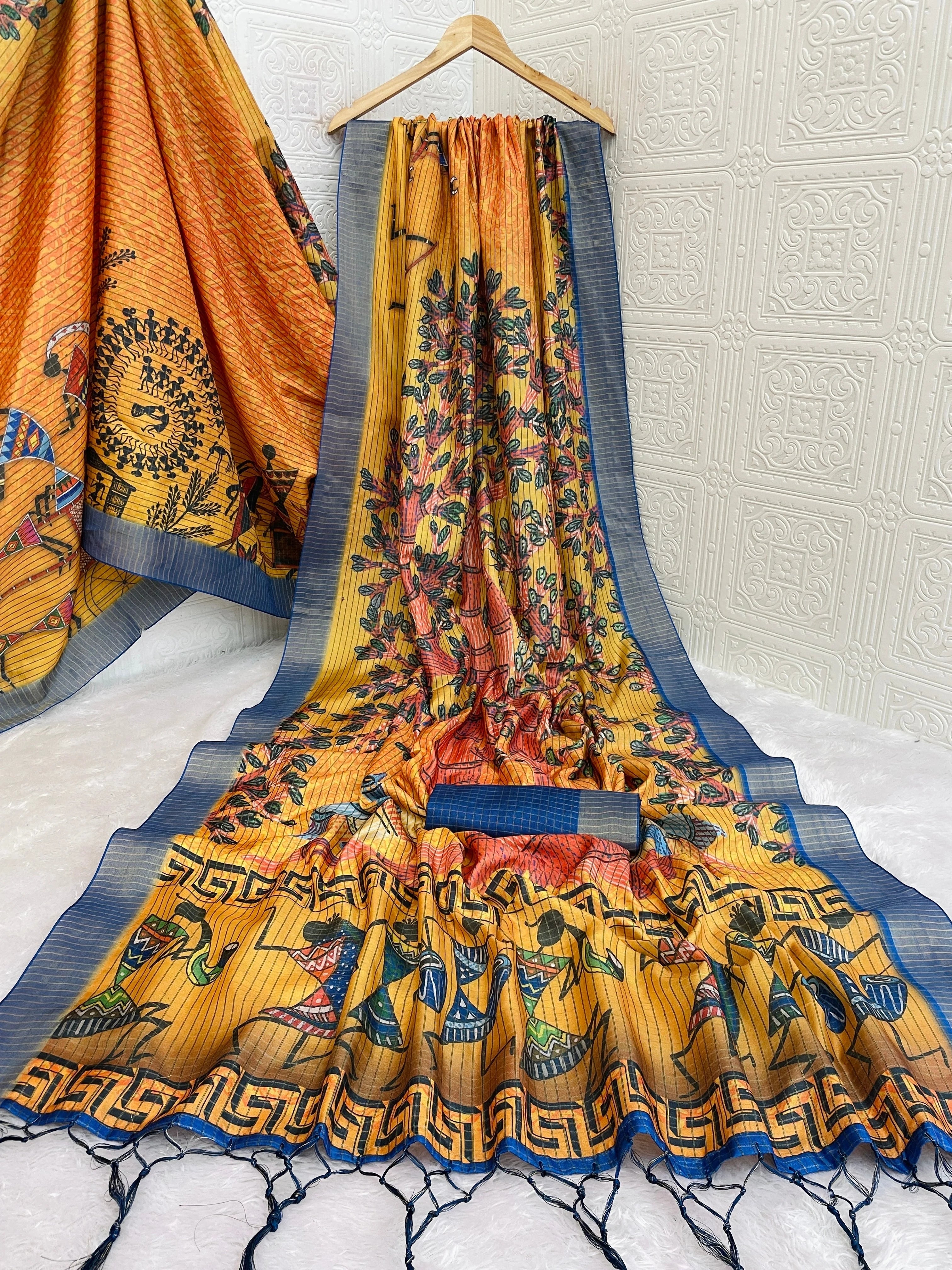 Mysore Silk Digital Print Yellow Saree With Unstiched Blouse Piece