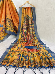 Mysore Silk Digital Print Yellow Saree With Unstiched Blouse Piece-MPHMS-17-YELLOW