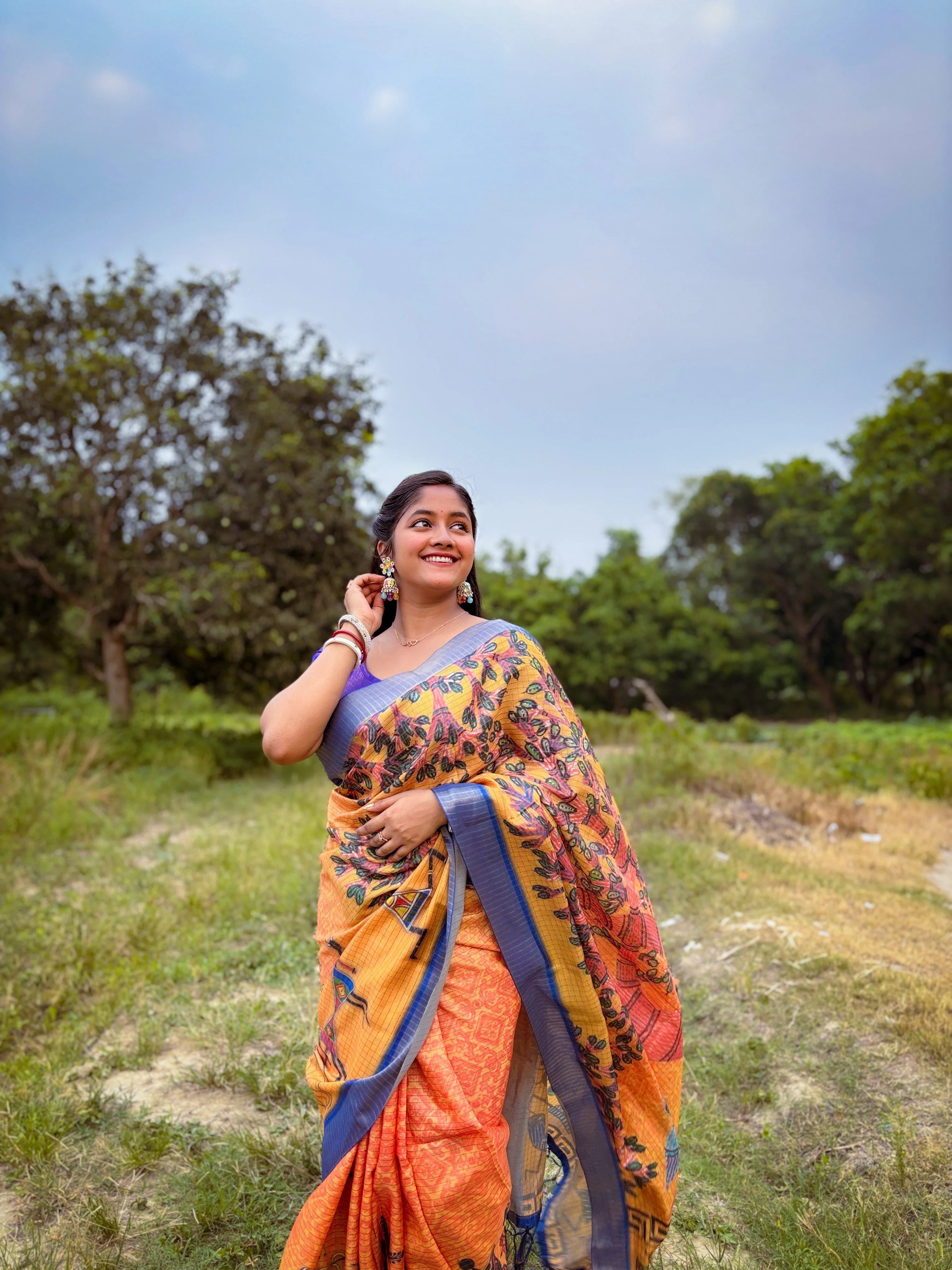 Mysore Silk Digital Print Yellow Saree With Unstiched Blouse Piece