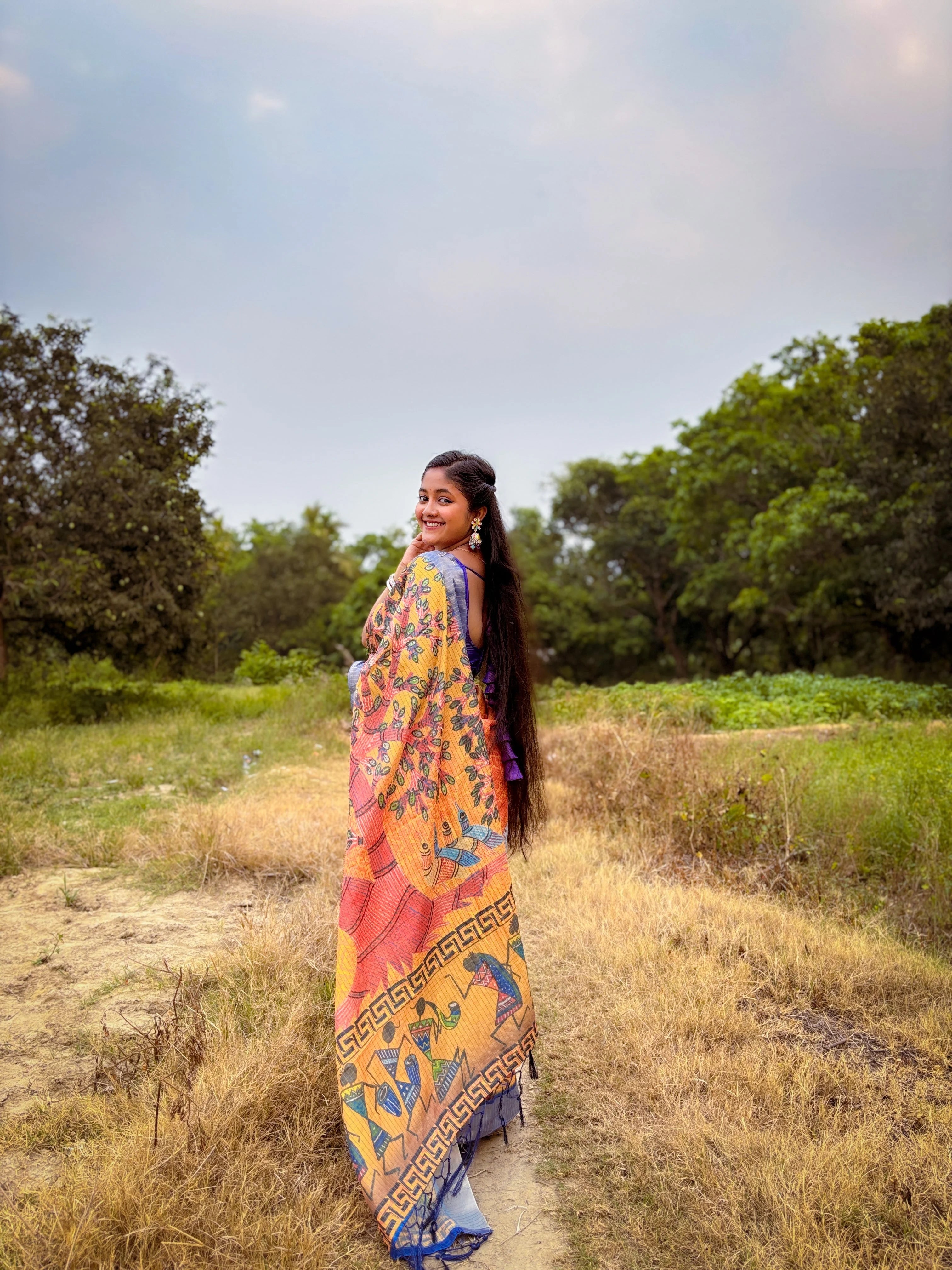 Mysore Silk Digital Print Yellow Saree With Unstiched Blouse Piece