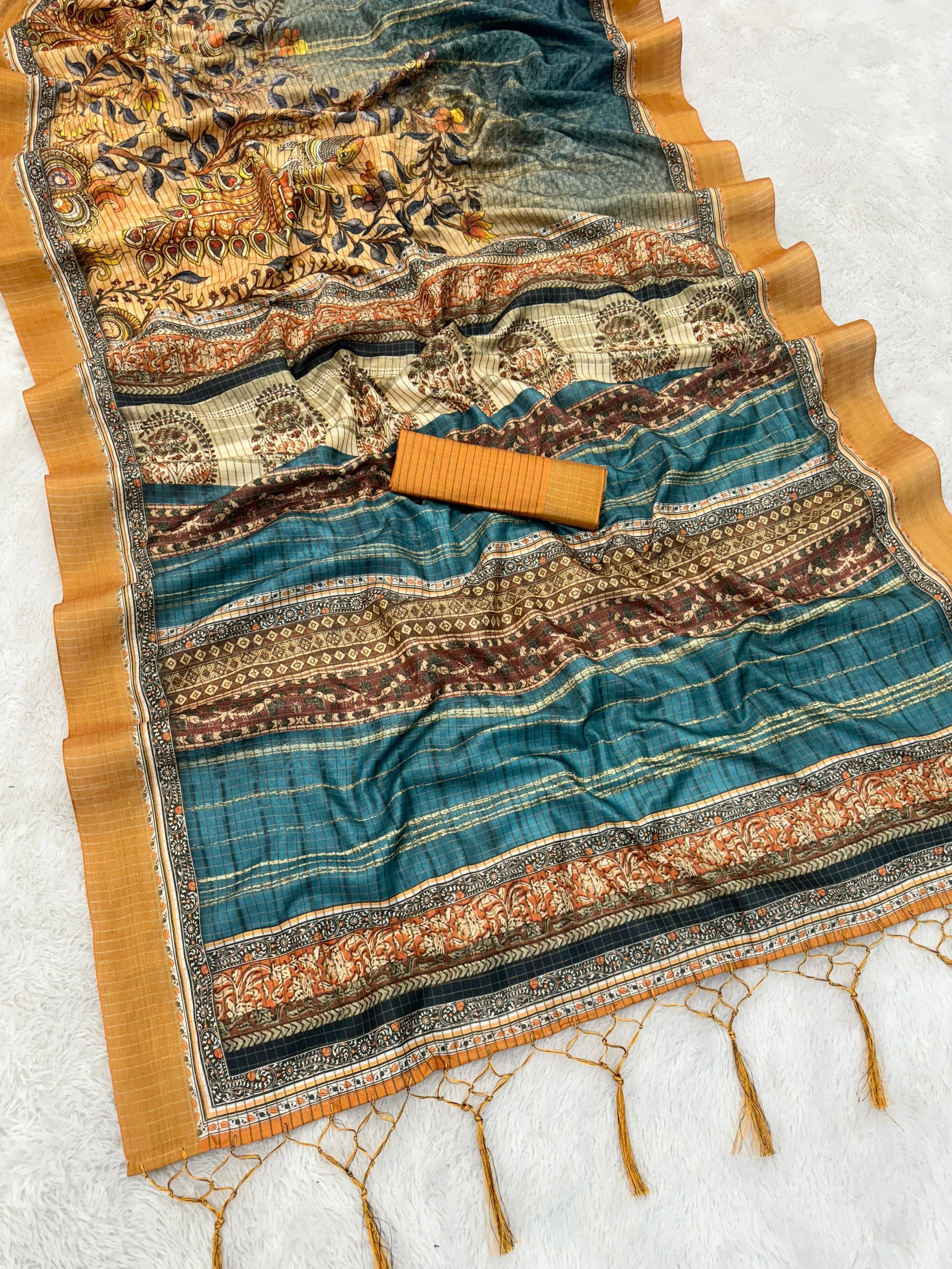 Mysore Silk Digital Print MultiColour Saree With Unstiched Blouse Piece