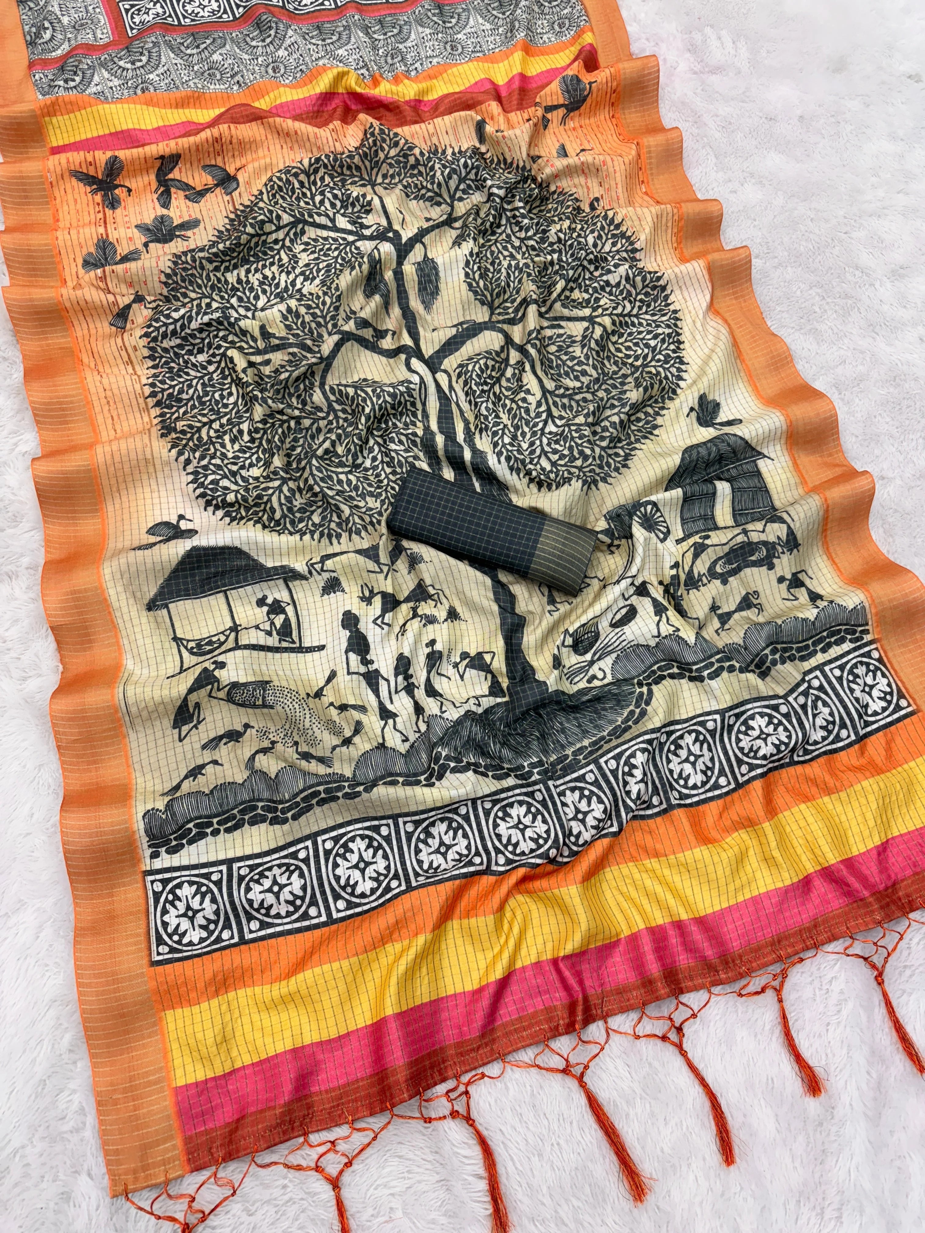 Mysore Silk Digital Print MultiColour Saree With Unstiched Blouse Piece