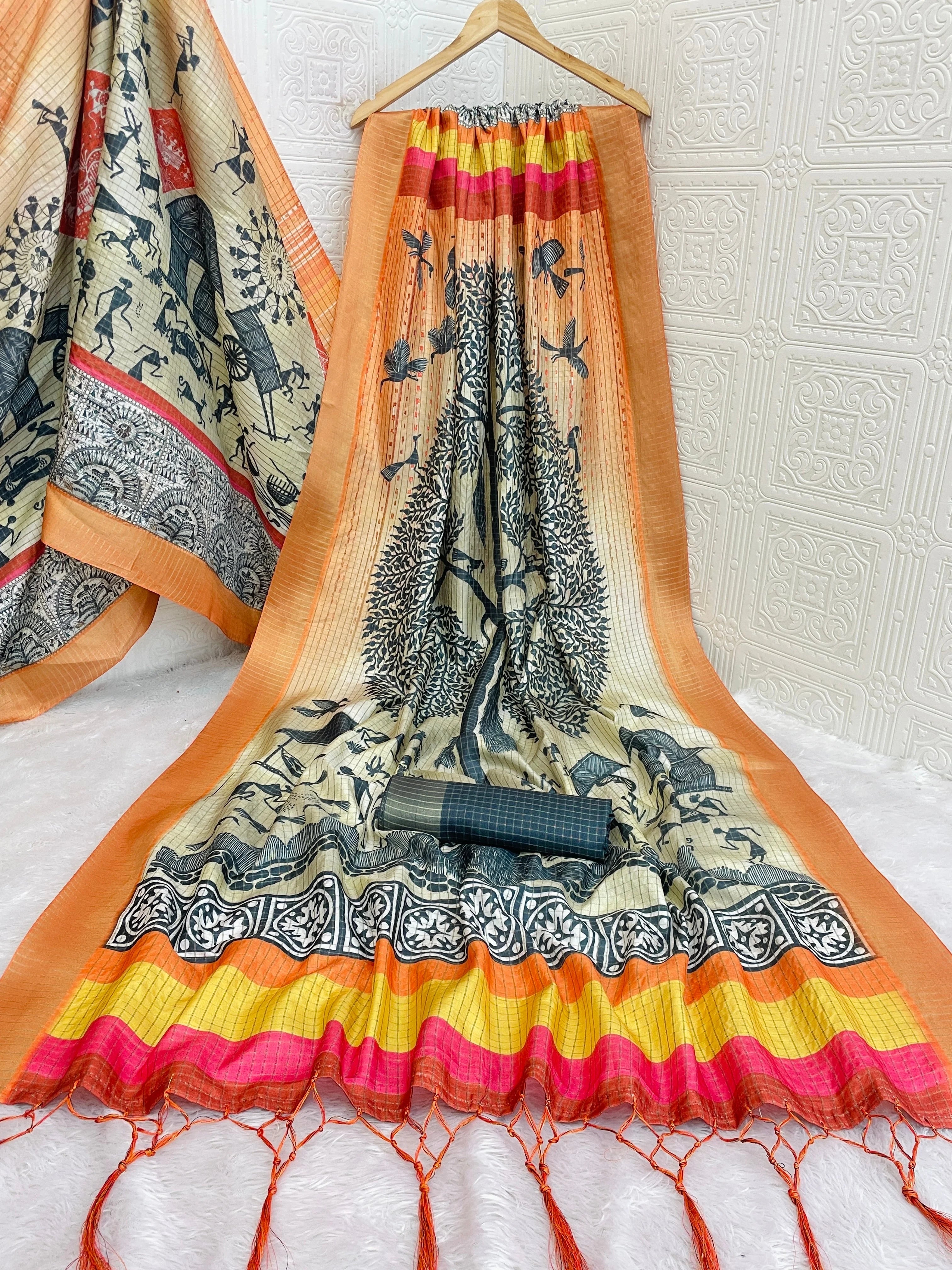 Mysore Silk Digital Print MultiColour Saree With Unstiched Blouse Piece