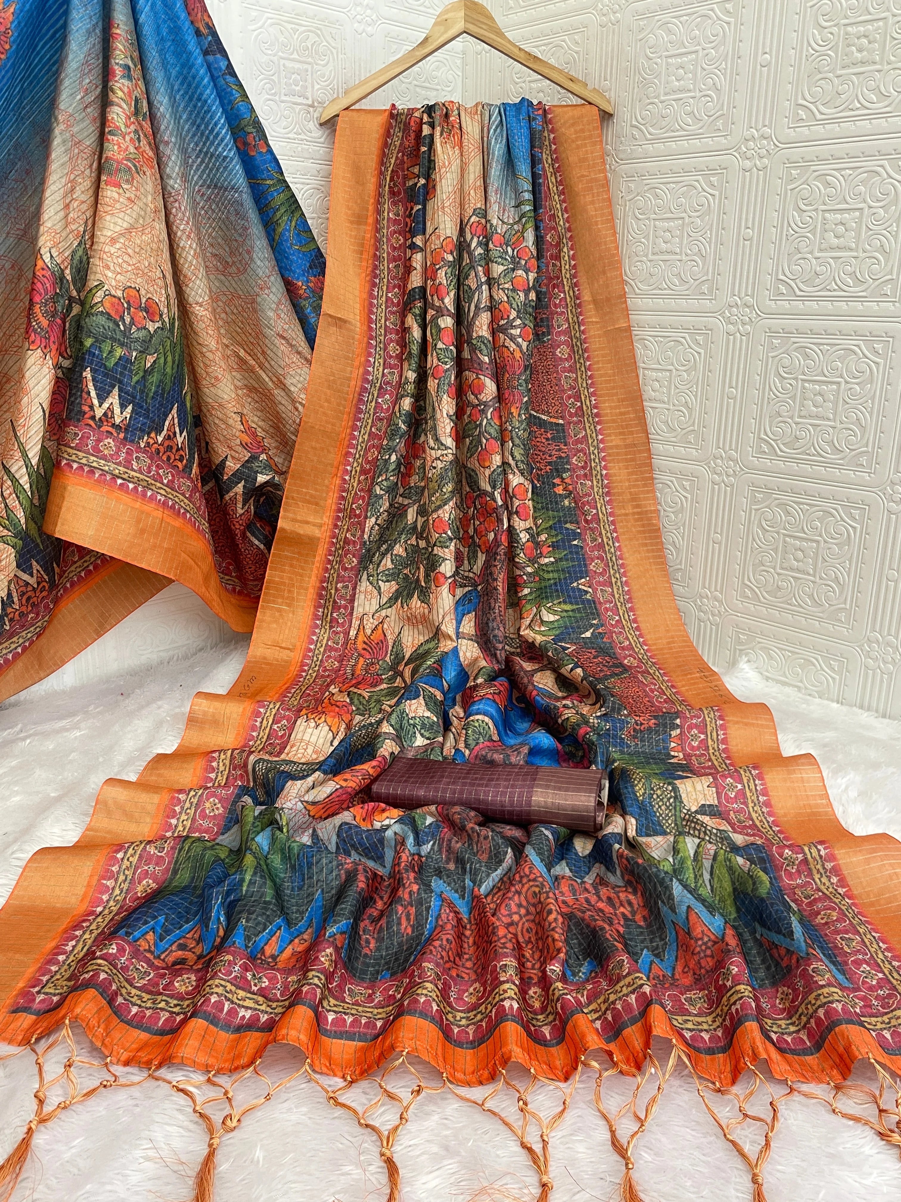 Mysore Silk Digital Print MultiColour Saree With Unstiched Blouse Piece