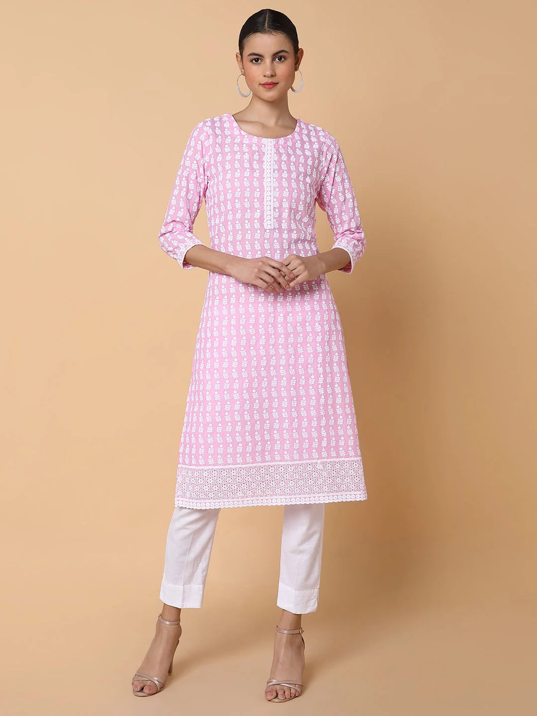 Pink Floral Chikankari Kurti | Designer Indian Kurtas Online