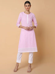 Women Floral Chikankari Pink Straight Kurta-MRF-1073B-Pink
