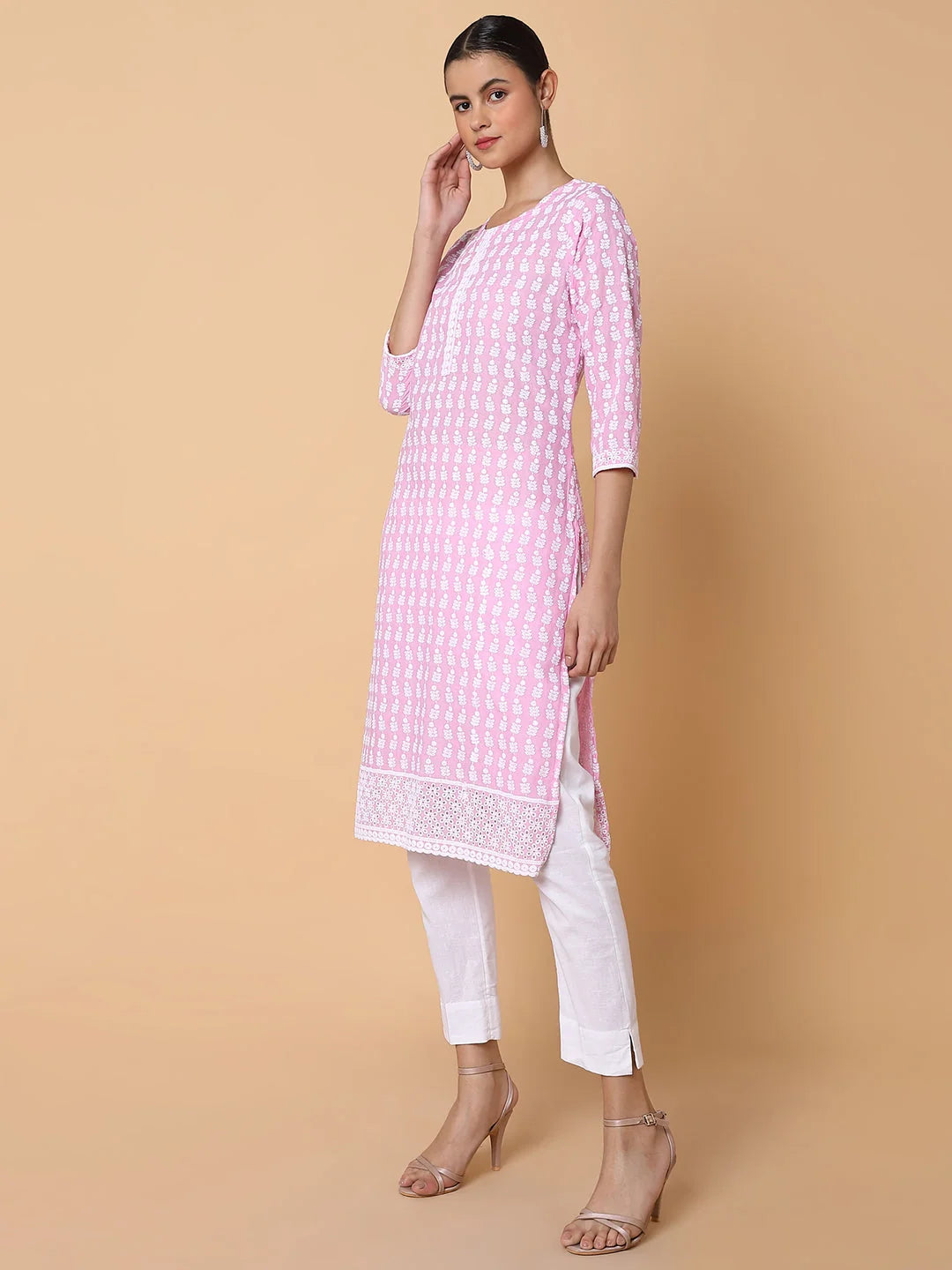 Pink Floral Chikankari Kurti | Designer Indian Kurtas Online